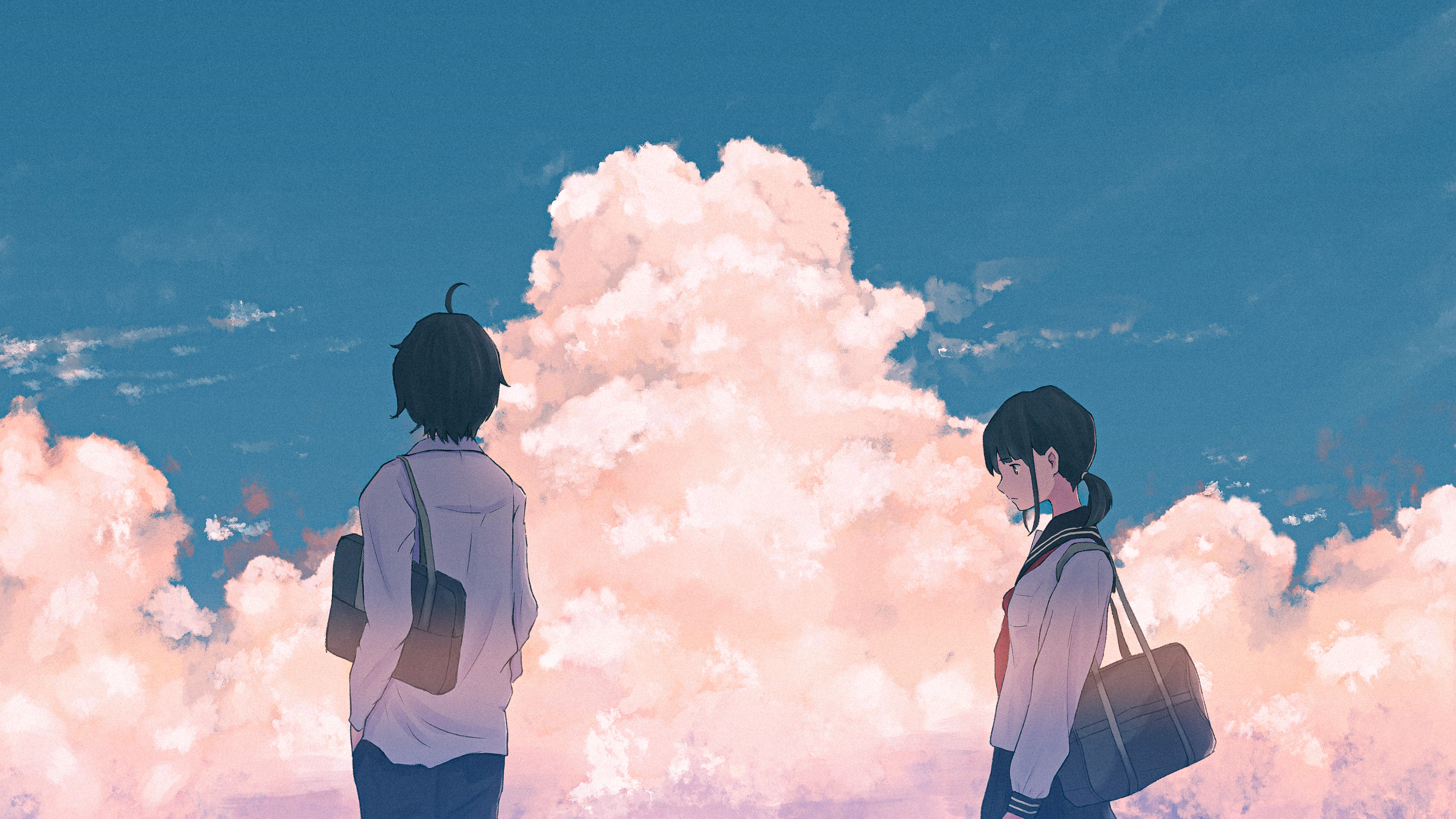 Oka Kojiro Illustration Anime Girls Anime Sky Sky Clouds School Uniform Clear Sky Students Anime Boy 3840x2160
