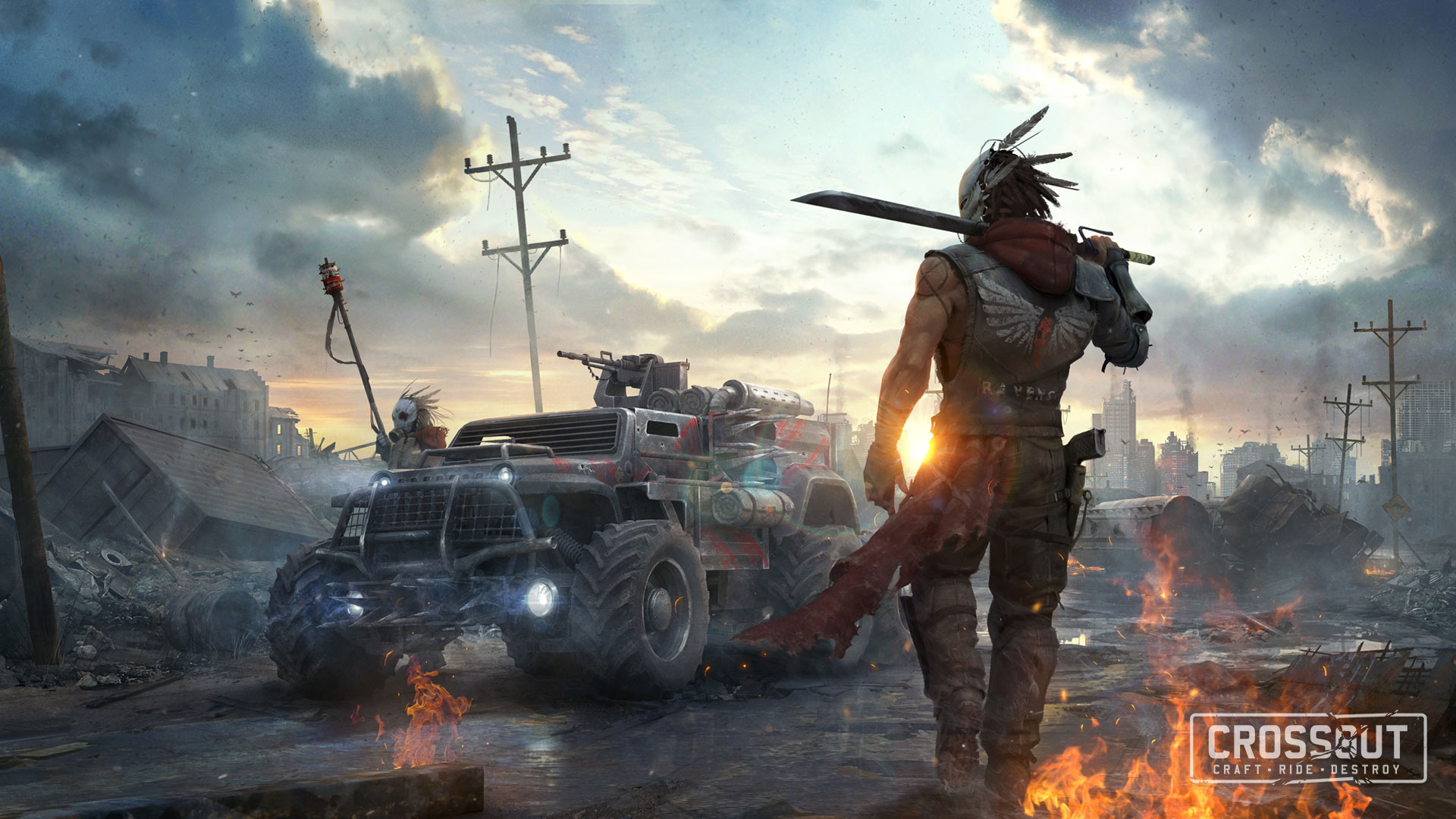 Crossout Video Games Car Vehicle Headlights Weapon Mask Sunset Clouds 1920x1080