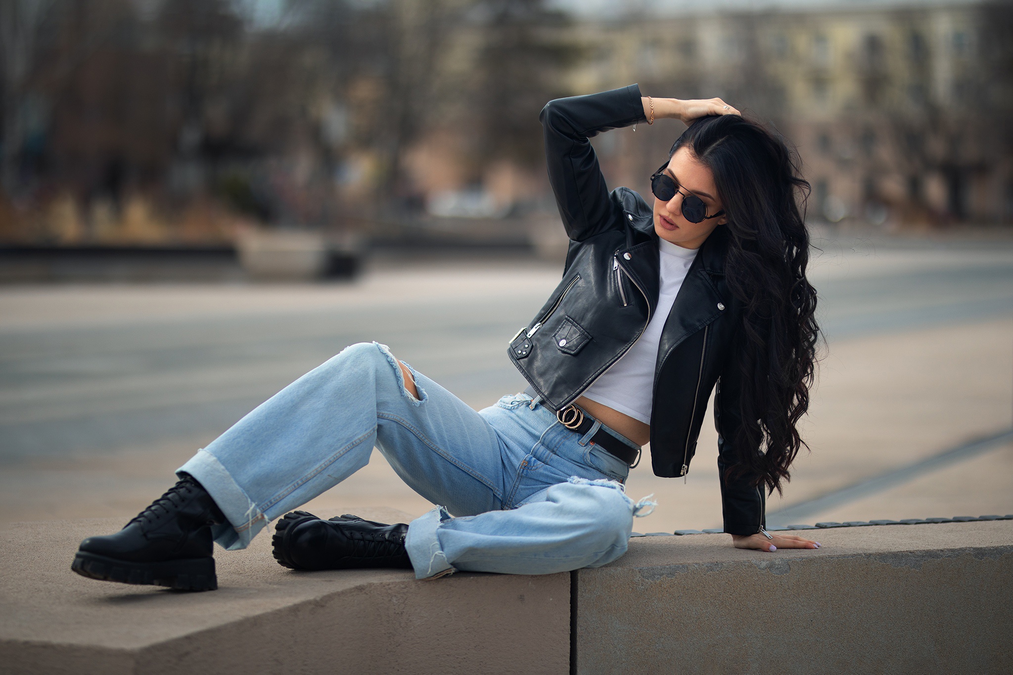 Black Hair Leather Jacket Sunglasses 2048x1365