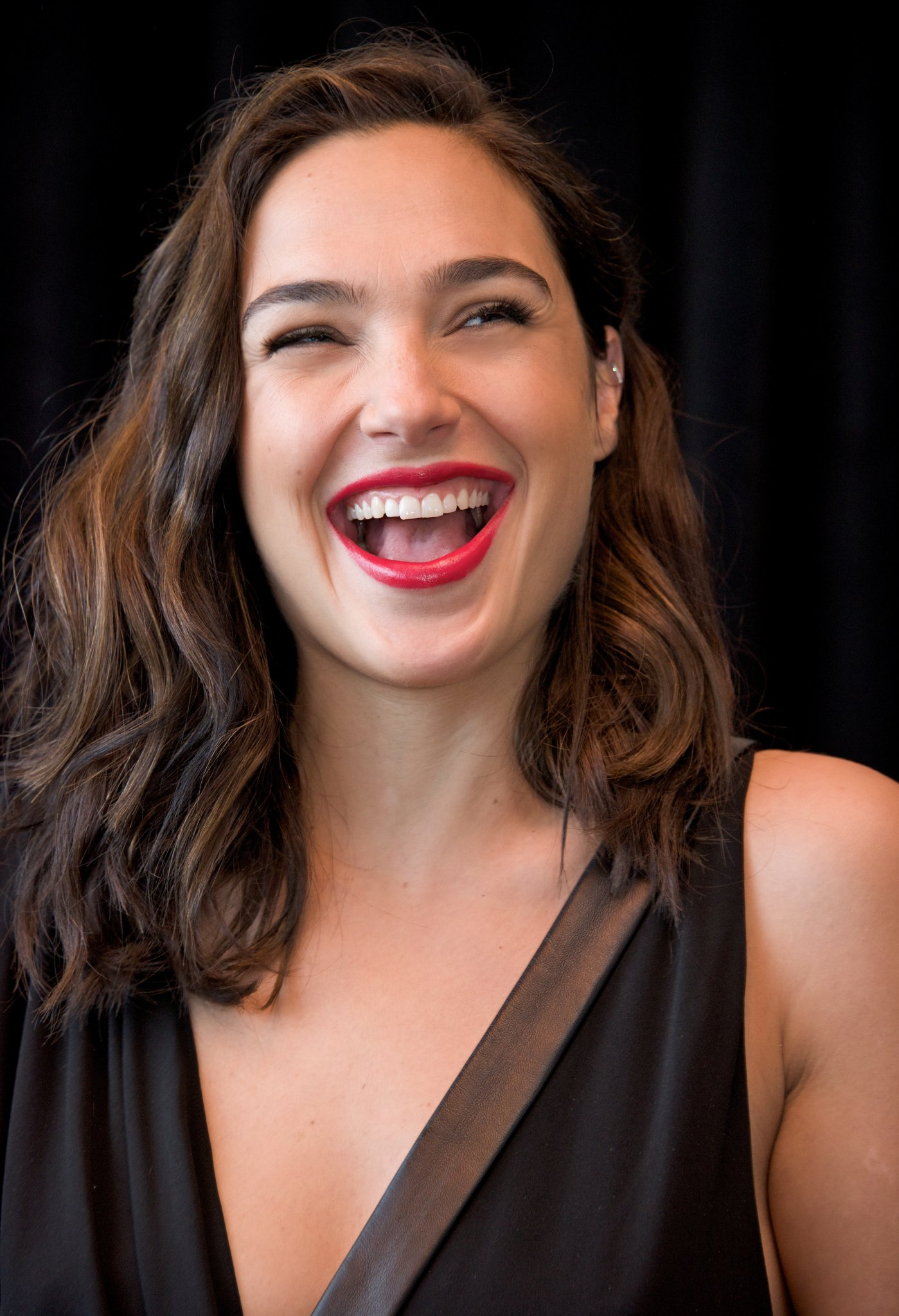 Gal Gadot Simple Background Black Background Celebrity Open Mouth Red Lipstick Portrait Display Look 1399x2048
