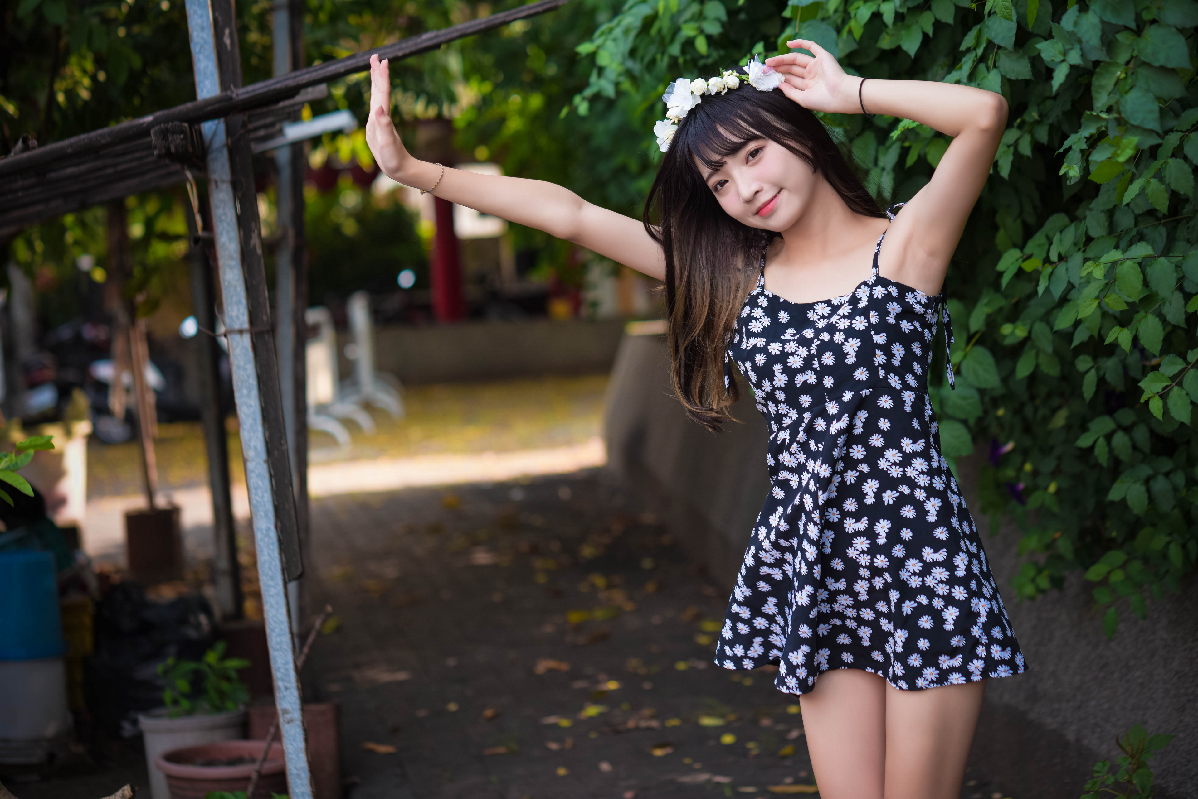 Asian Model Women Long Hair Dark Hair Flower Dress 3840x2563