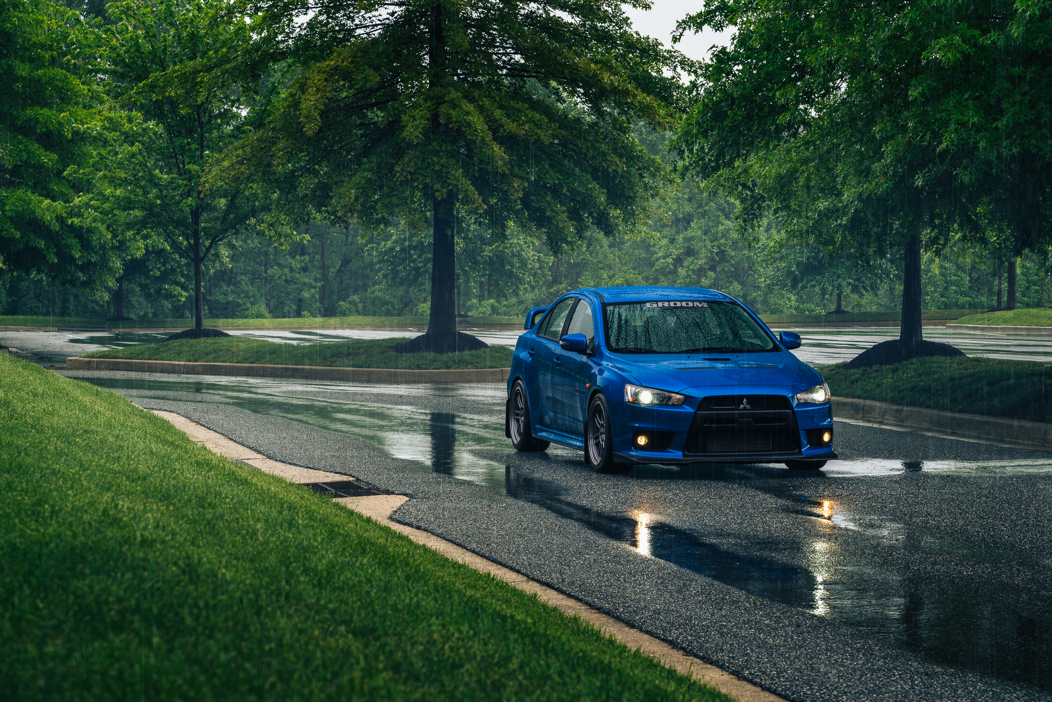 Car Mitsubishi Lancer Evo X Vehicle Rain Trees Grass Water Road 2048x1367