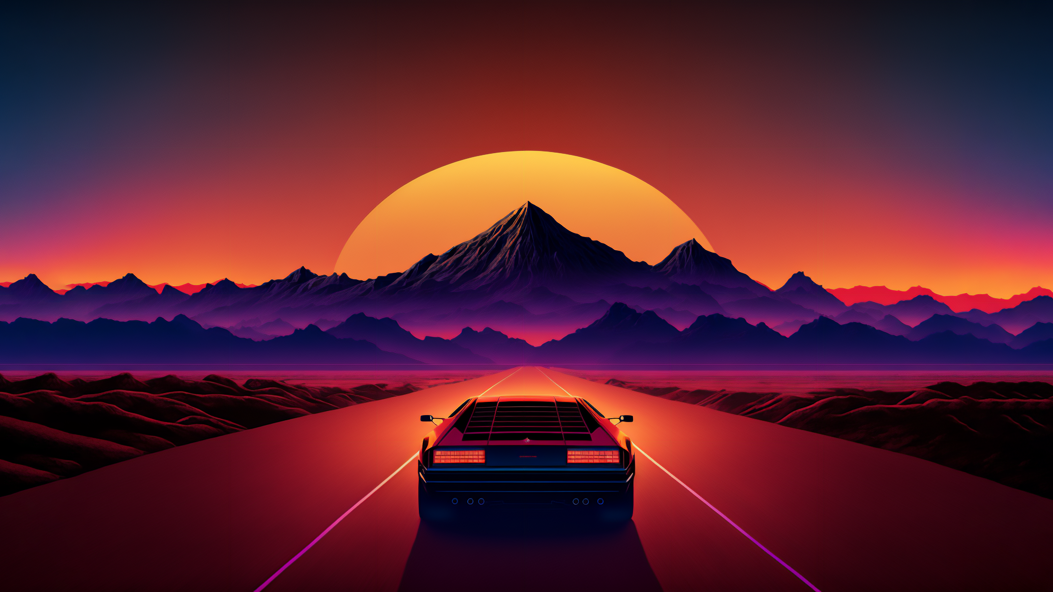Ai Art Sports Car Sunset Mountains Road Desert Synthwave Retrowave Car Taillights 3640x2048