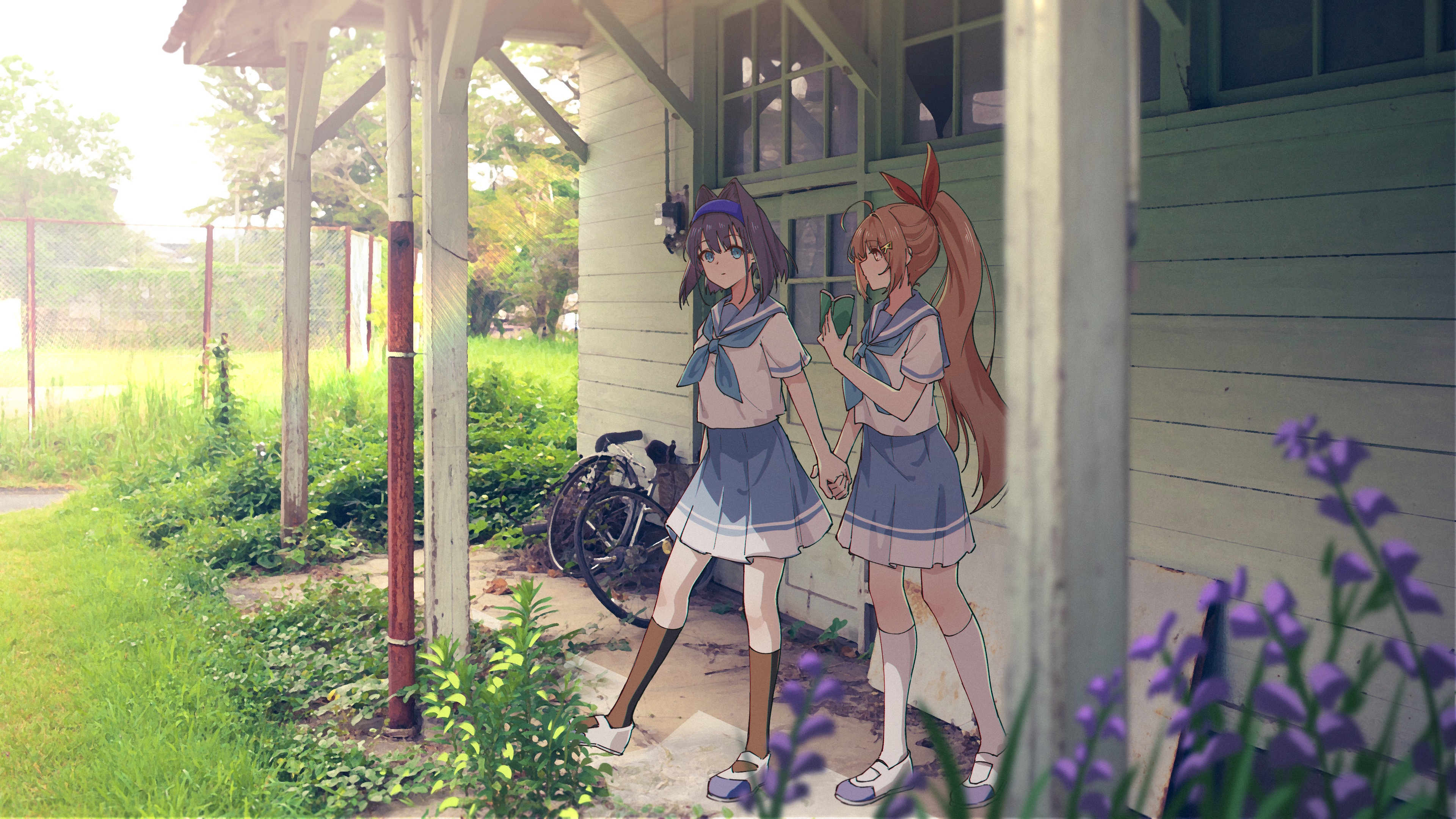 Anime Anime Girls School Uniform Hololive Ouro Kronii Grass Two Women Nanashi Mumei Virtual Youtuber 3840x2160
