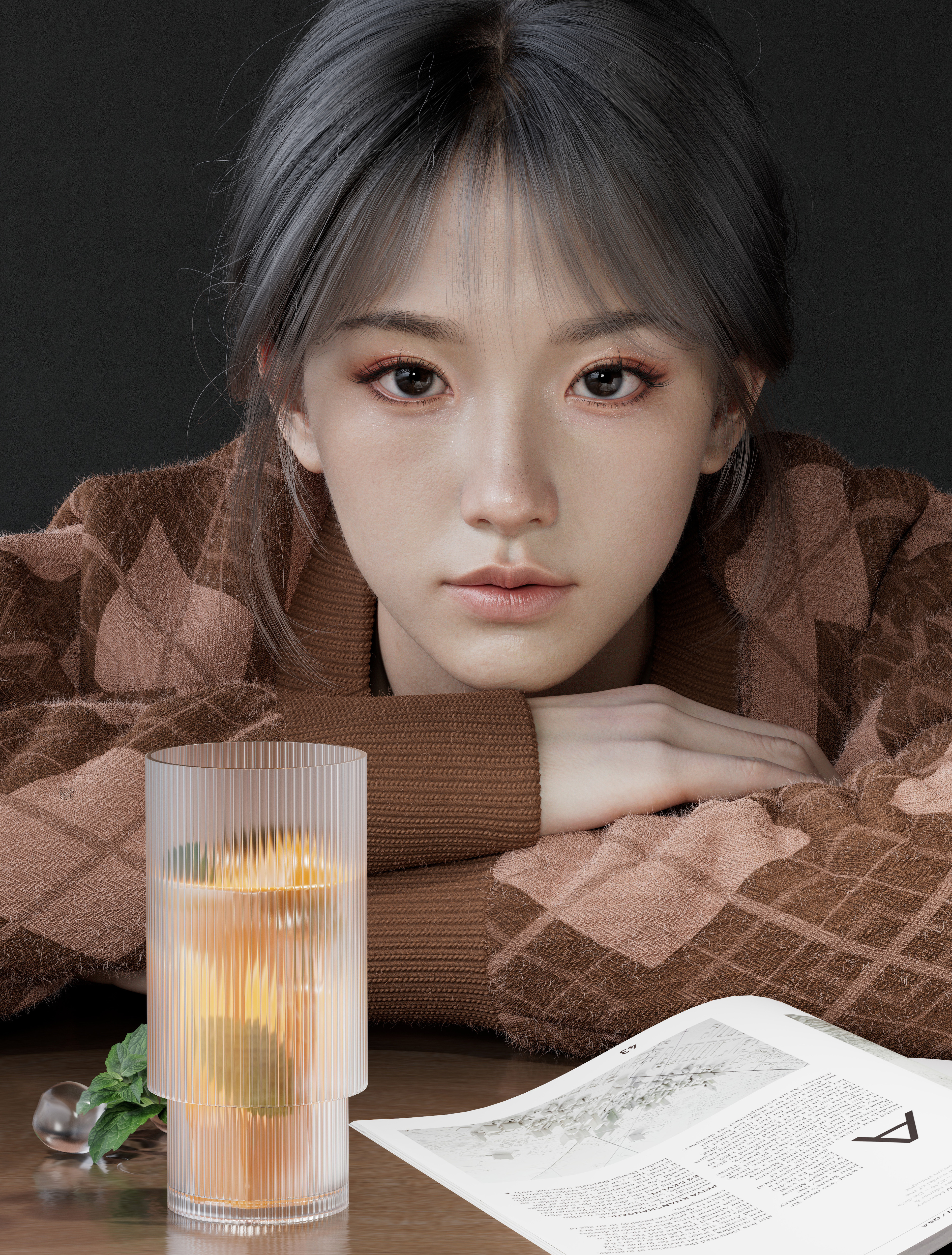 Xiao DezHu Women CGi Asian Looking At Viewer Glass Books Plants Mint Portrait 3840x5063