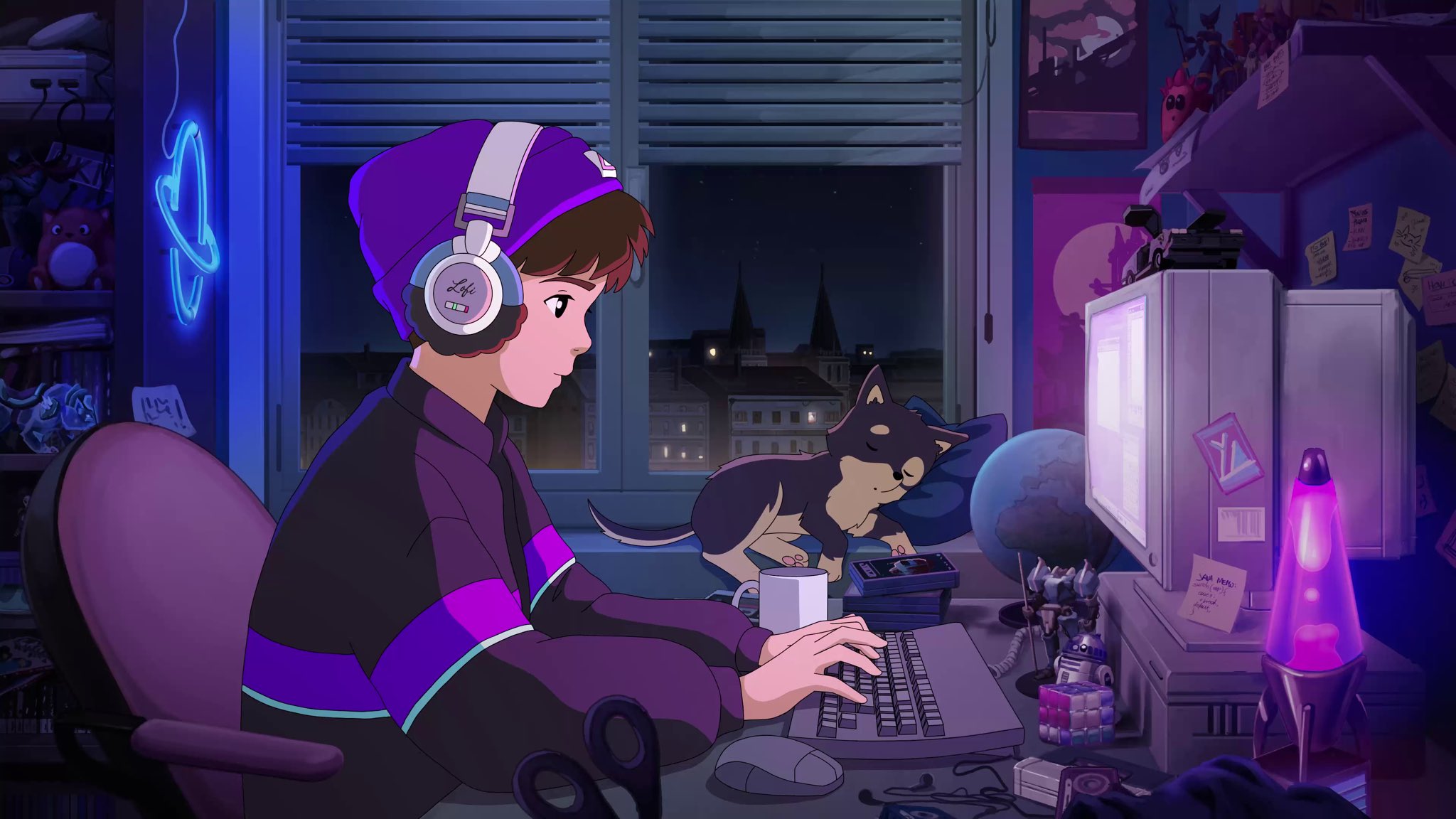 LofiGirl LoFi Neon LofiBoy Purple Blue Lava Lamp Computer Headphones Puppies Anime Boys Night Animal 2048x1152