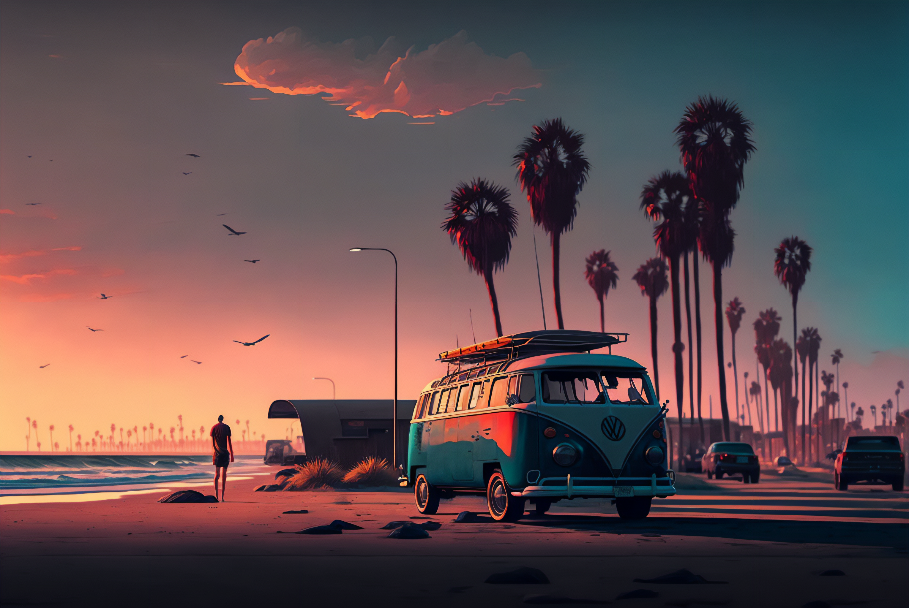 Volkswagen Buses Surfing Beach Sunset Palm Trees Vehicle 3060x2048