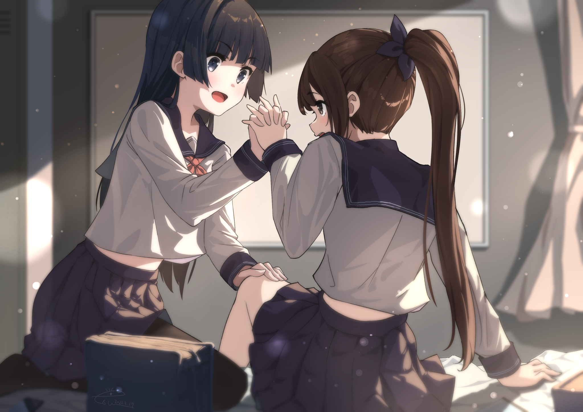 Anime Anime Girls Schoolgirl School Uniform Ponytail Long Hair Skirt Holding Hands Open Mouth Sunlig 2047x1447