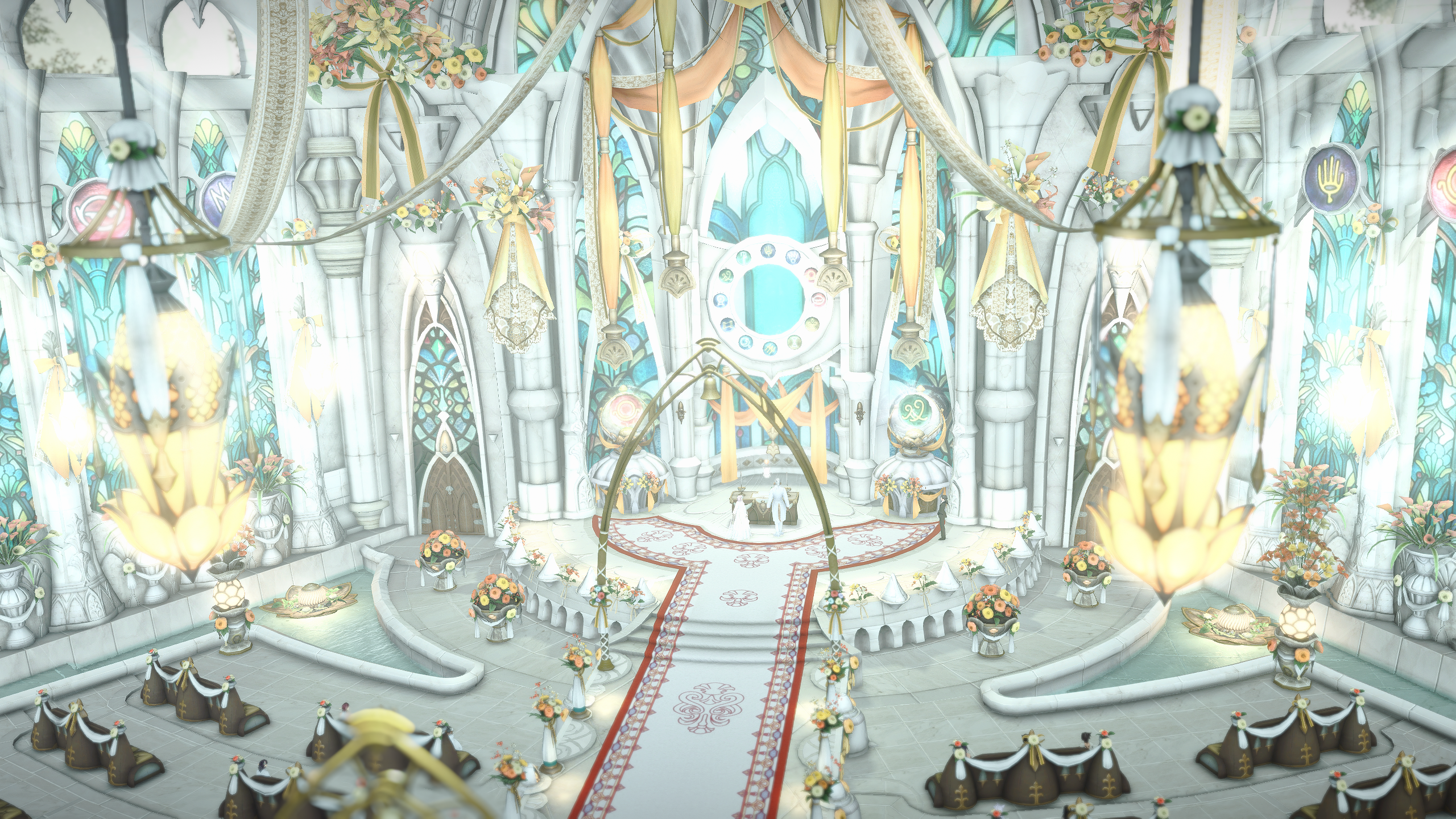 Final Fantasy XiV A Realm Reborn Reshade Weddings Church Interior Stained Glass Flowers Video Games  2560x1440