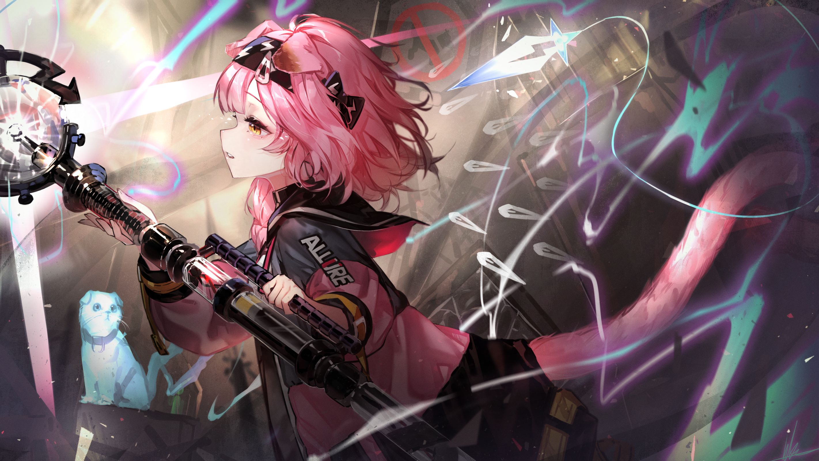 Goldenglow Arknights Arknights Anime Girls Pink Hair Yellow Eyes Animal Ears Animal Tail Cats WaterS 2844x1600