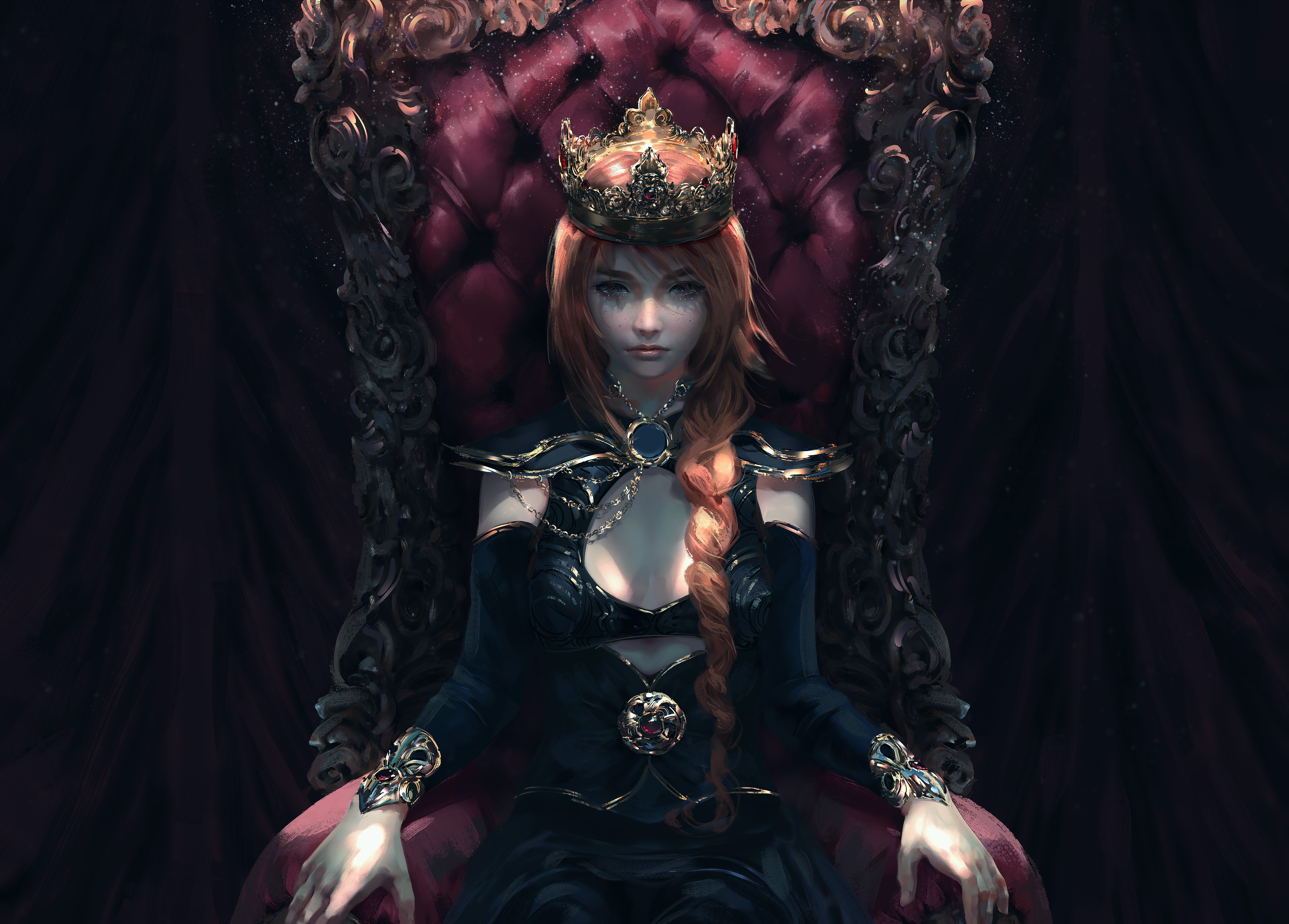 Nixeu Digital Art Artwork Illustration Women Sitting Queen Royalty Crown Blonde Long Hair Braided Ha 6400x4589