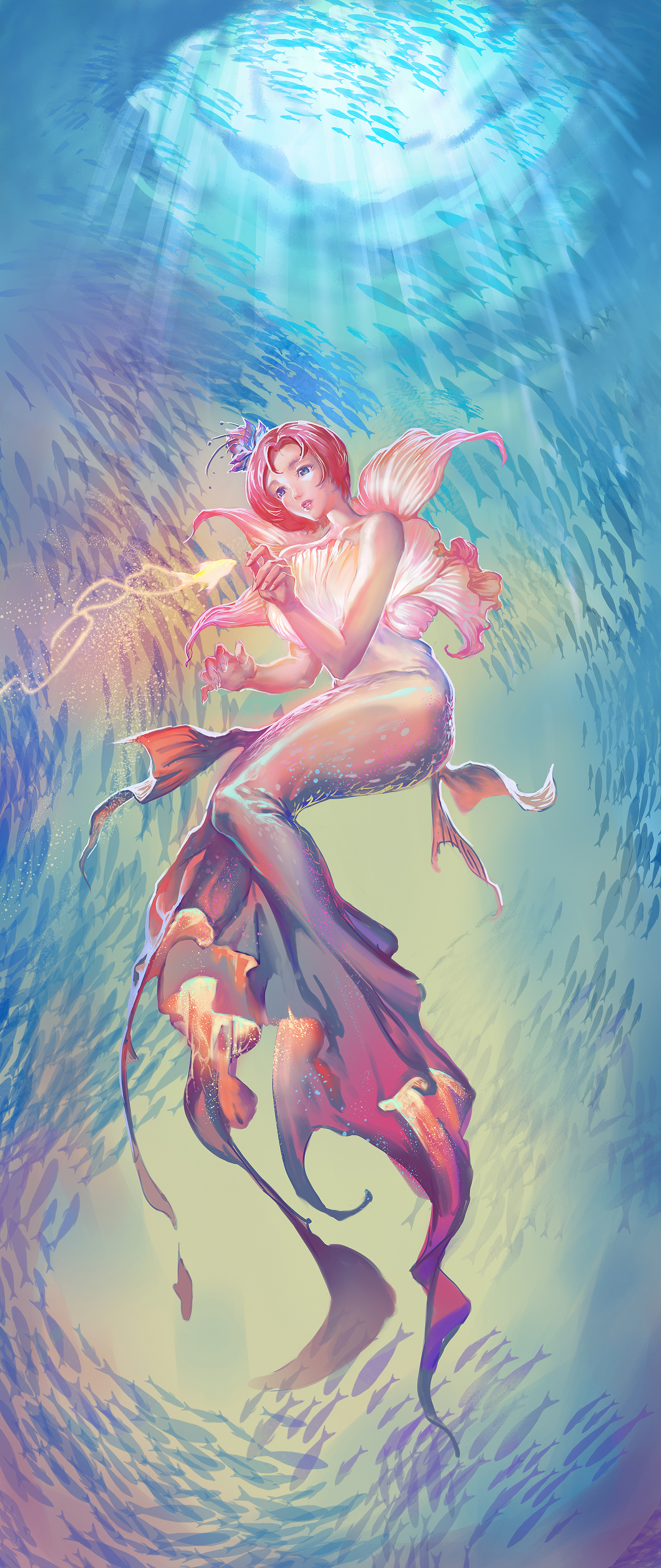 Yangmie Mieyi Mermaids Fantasy Girl Fantasy Art Fish Underwater Redhead Blue Eyes Animals Water 1600x3795