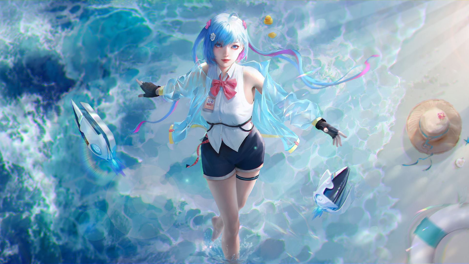Anime Anime Girls Beach Blue Hair Water Standing In Water Gloves Fingerless Gloves Floater Straw Hat 1920x1080