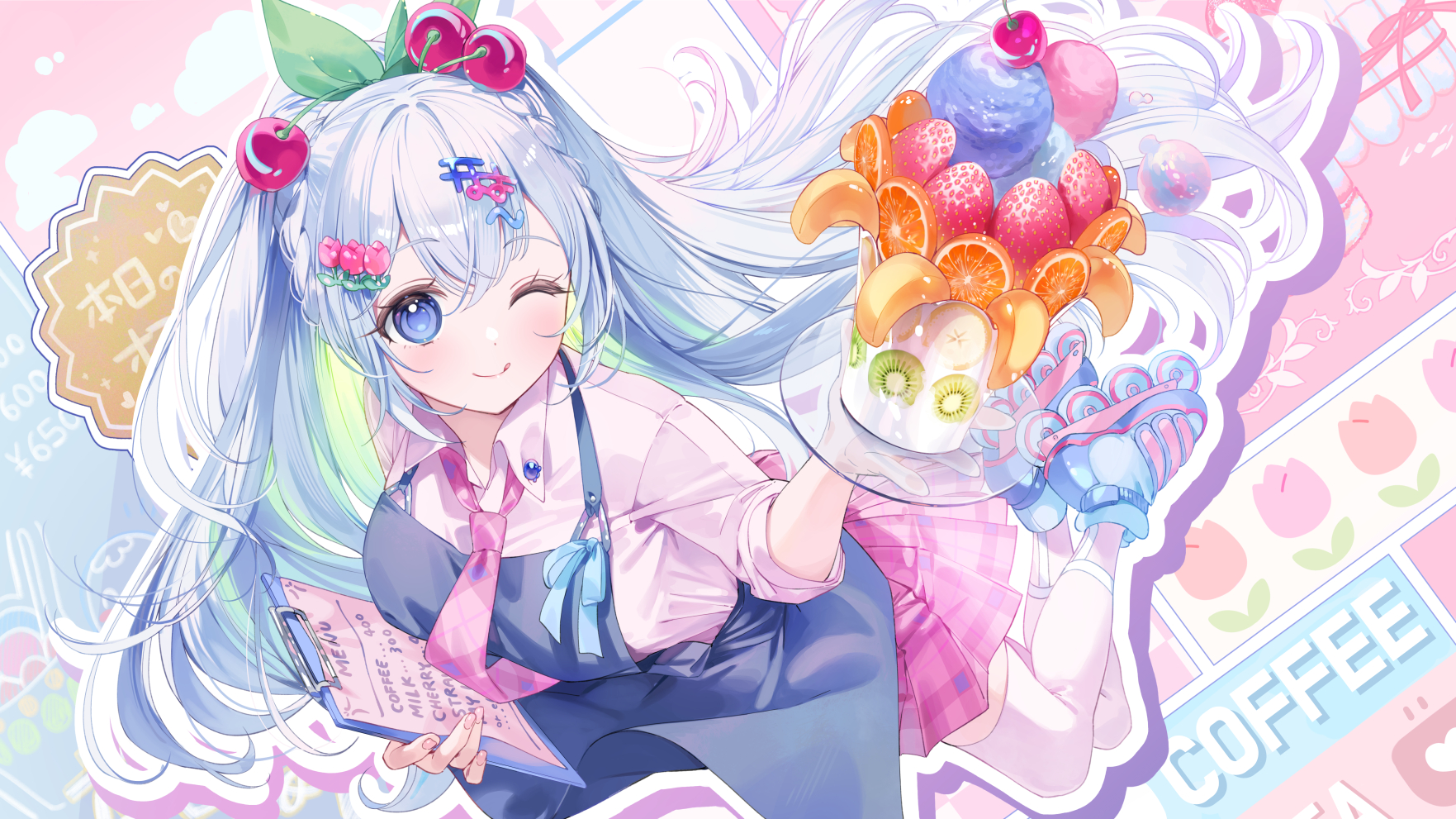 Pixiv Anime Food Anime Girls Smiling Tongue Out One Eye Closed Fruit Looking At Viewer Apron Blue Ha 1763x991