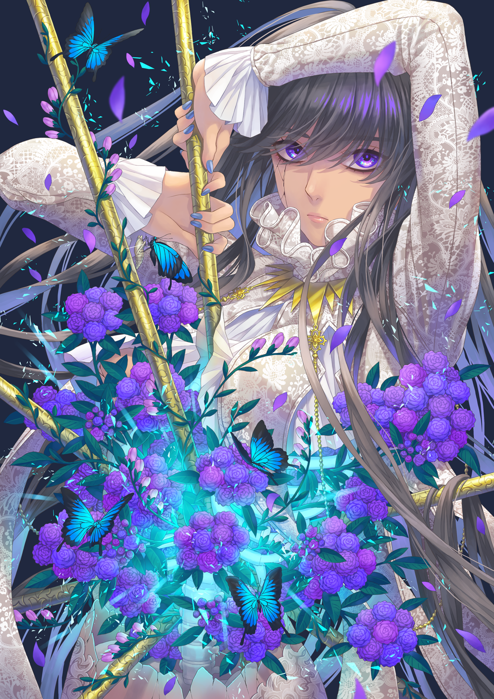 Anime Girls Portrait Display White Dress Purple Eyes Purple Flowers Long Hair Looking At Viewer Peta 1000x1414