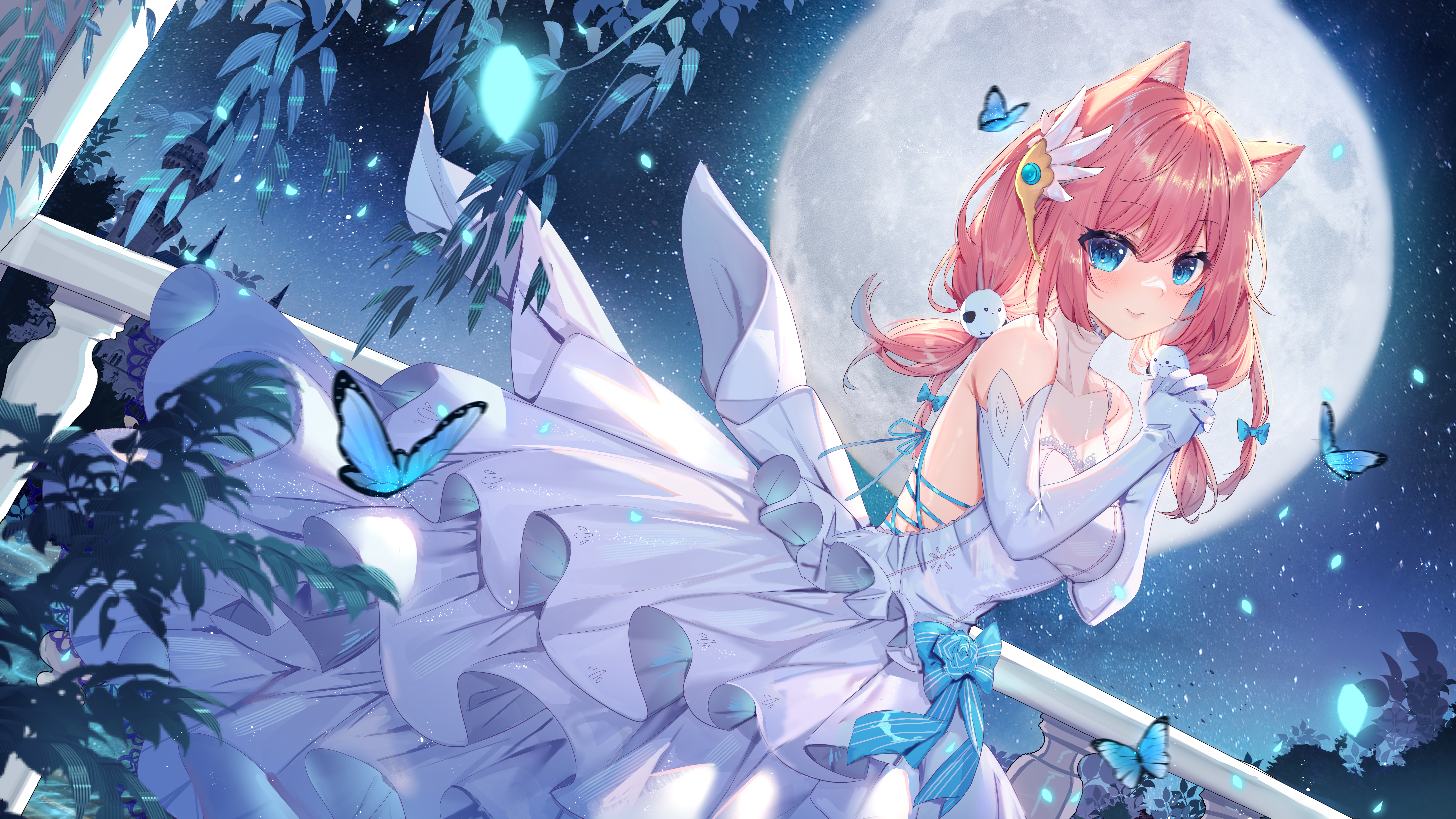 Anime Anime Girls Dress Elbow Gloves Looking At Viewer Smiling Moon Leaves Blue Eyes Fox Girl Fox Ea 8812x4956