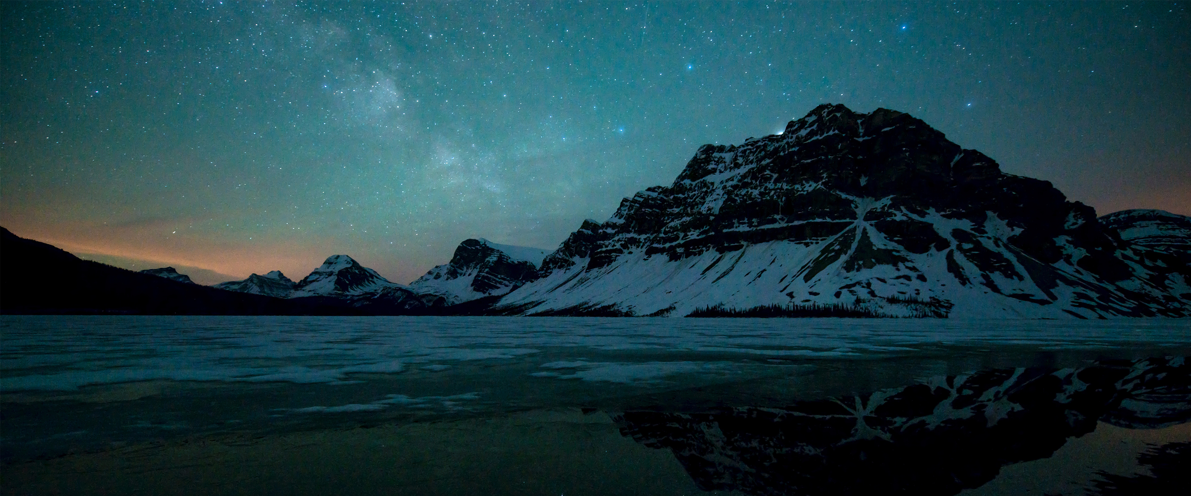 4K Snow Mountains Stars Starry Night Reflection 3840x1600