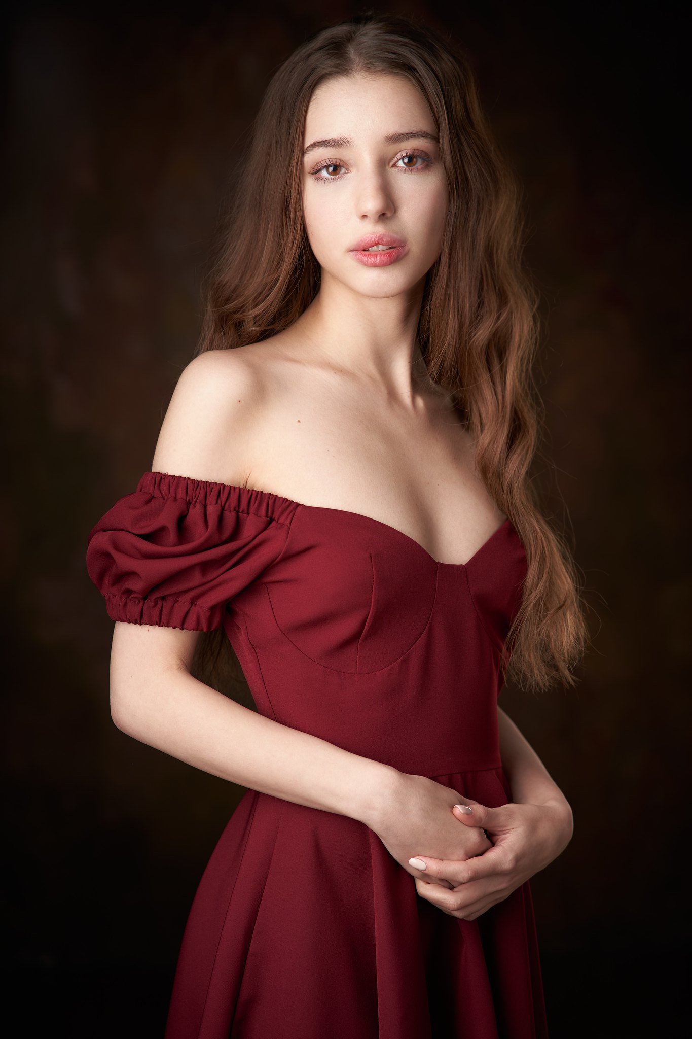 Alexander Vinogradov Women Brunette Looking At Viewer Dress Bare Shoulders Simple Background Portrai 1365x2048