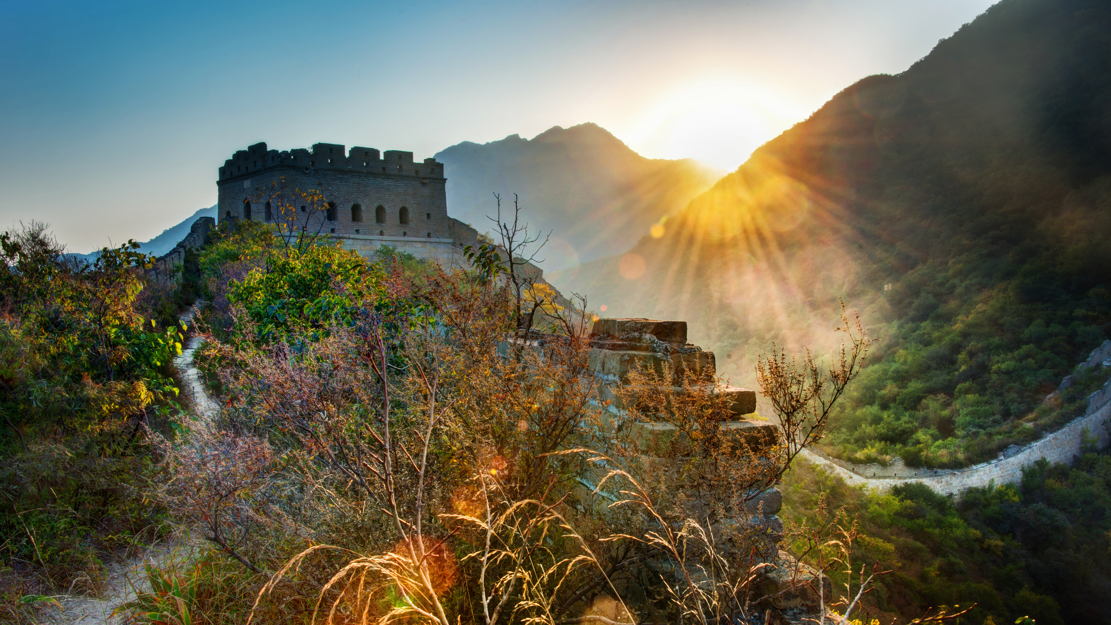 Landscape 4K Great Wall Of China Mountains Building Forest Sun Nature 3840x2160