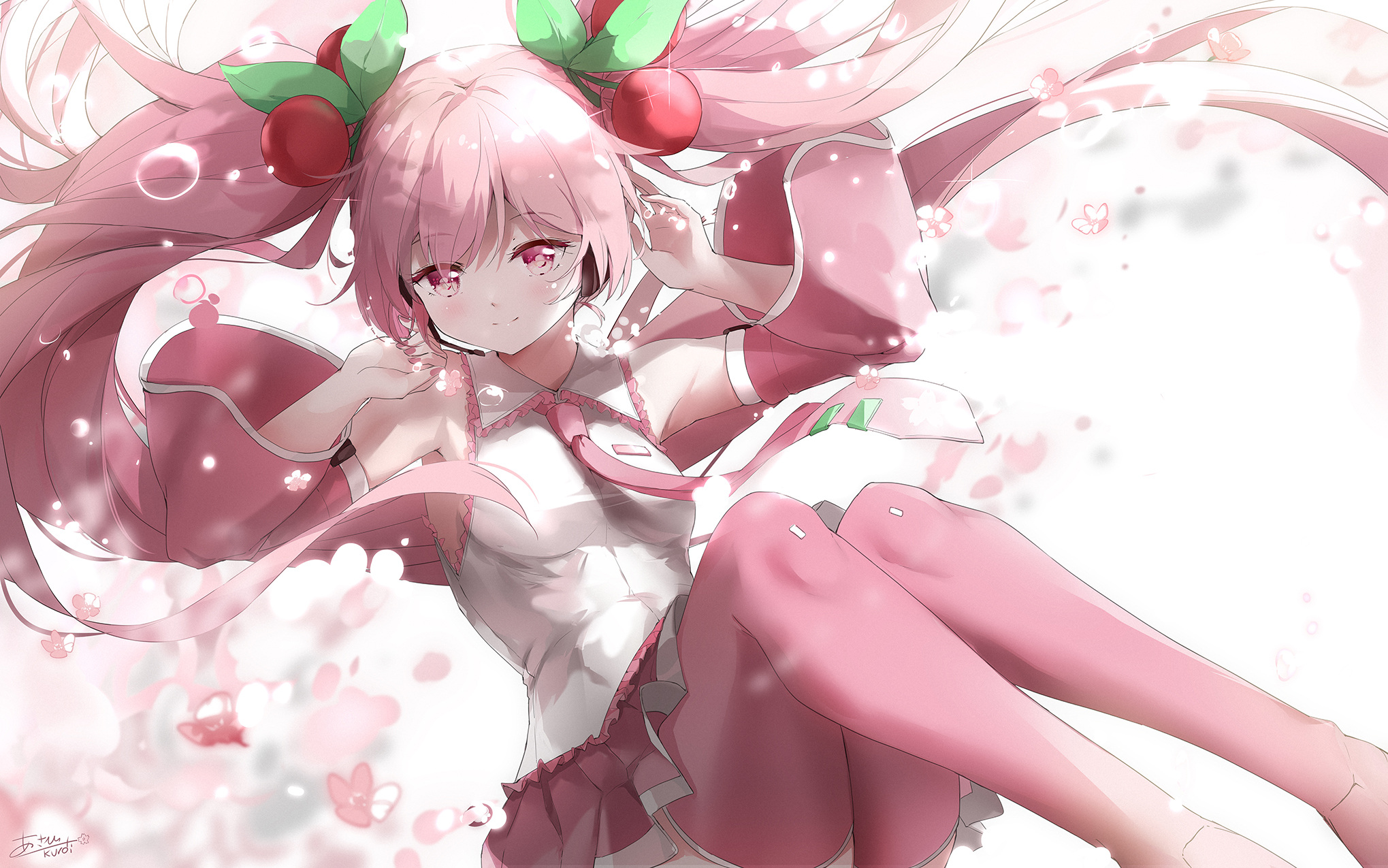 Hatsune Miku Anime Vocaloid Anime Girls Pink Hair Pink Eyes Smiling Looking At Viewer Petals Flowers 2039x1275