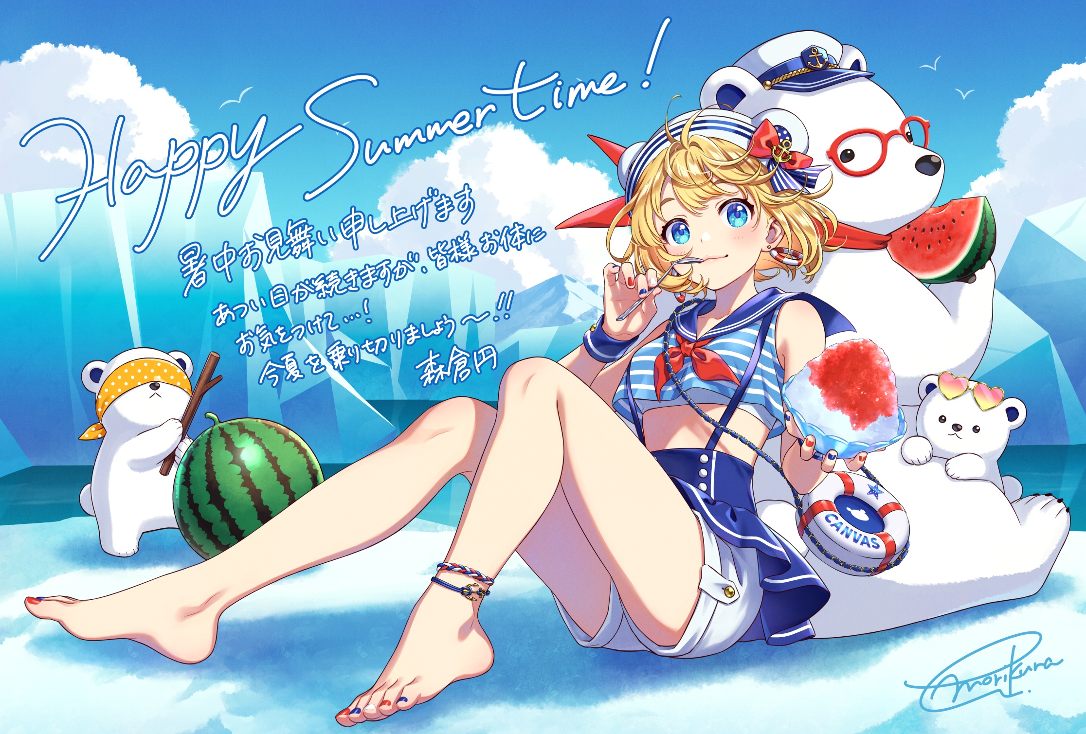 Anime Pixiv Anime Girls Feet Japanese Watermelons Looking At Viewer Sky Clouds Signature Short Hair  2232x1509
