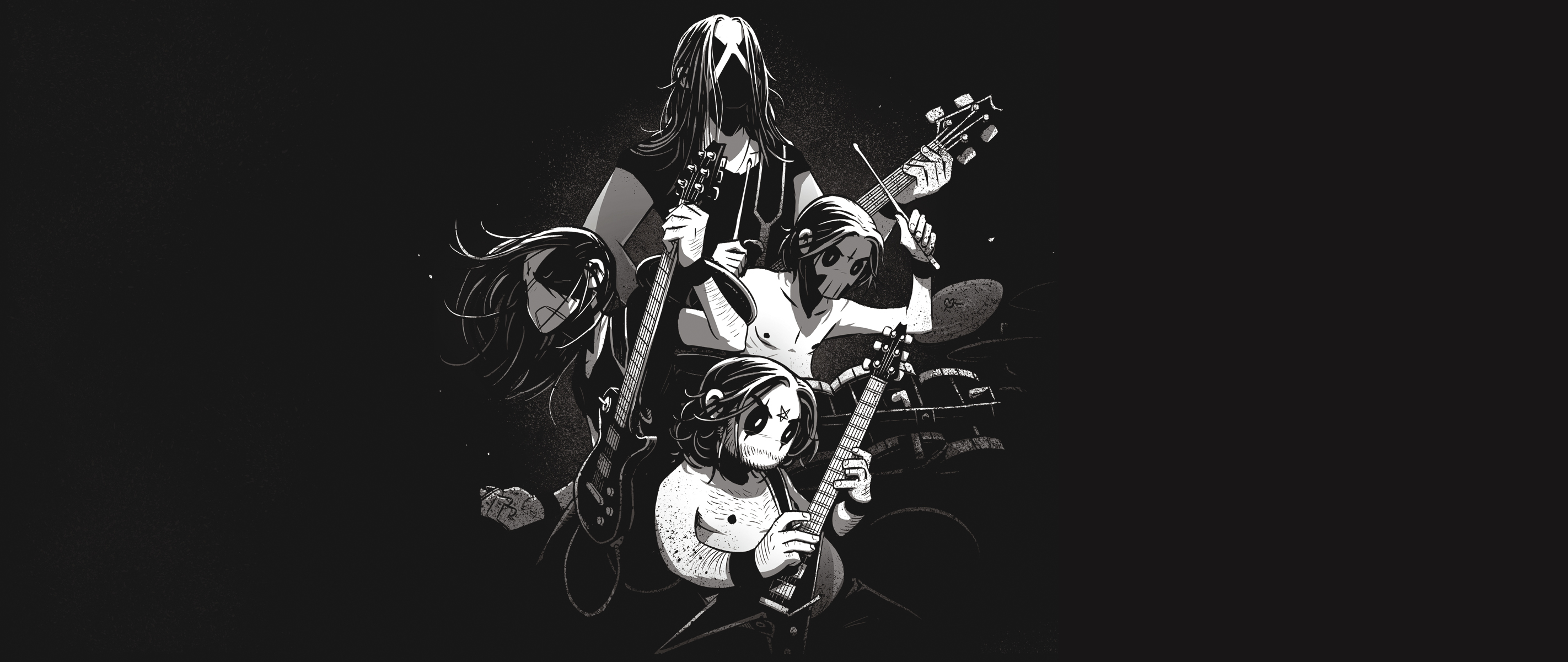 Black Metal Dark Dark Background Monochrome JP Ahonen Satanic Guitar Drums Musical Instrument 2844x1200