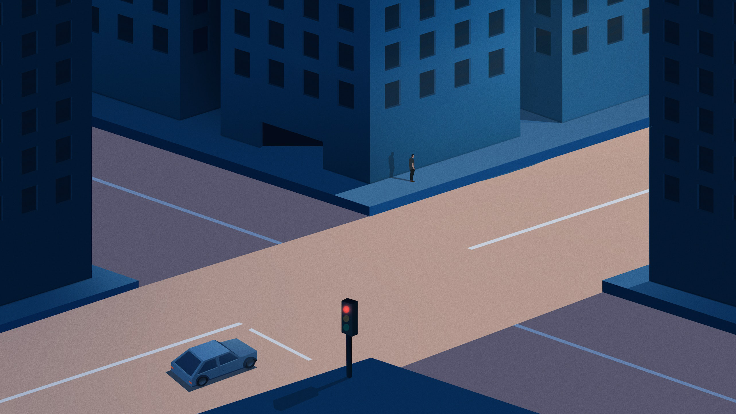Digital Art Artwork Illustration Minimalism 2K Street Road Sunlight Traffic Lights Building Car Simp 2560x1440