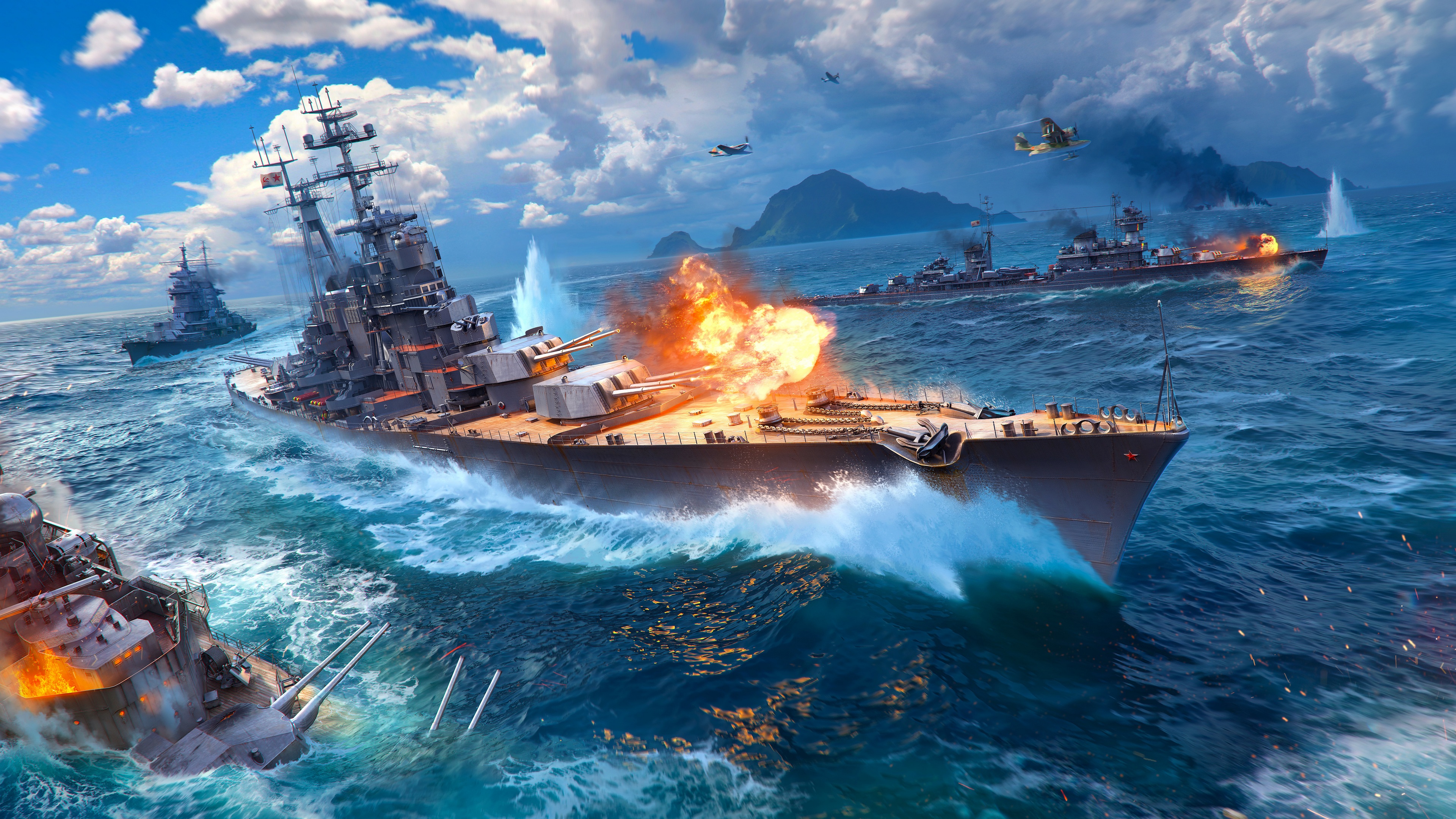 World Of Warships Sea Battleship Video Games World War Ii PC Gaming Video Game Art Ship Ocean Battle 3840x2160