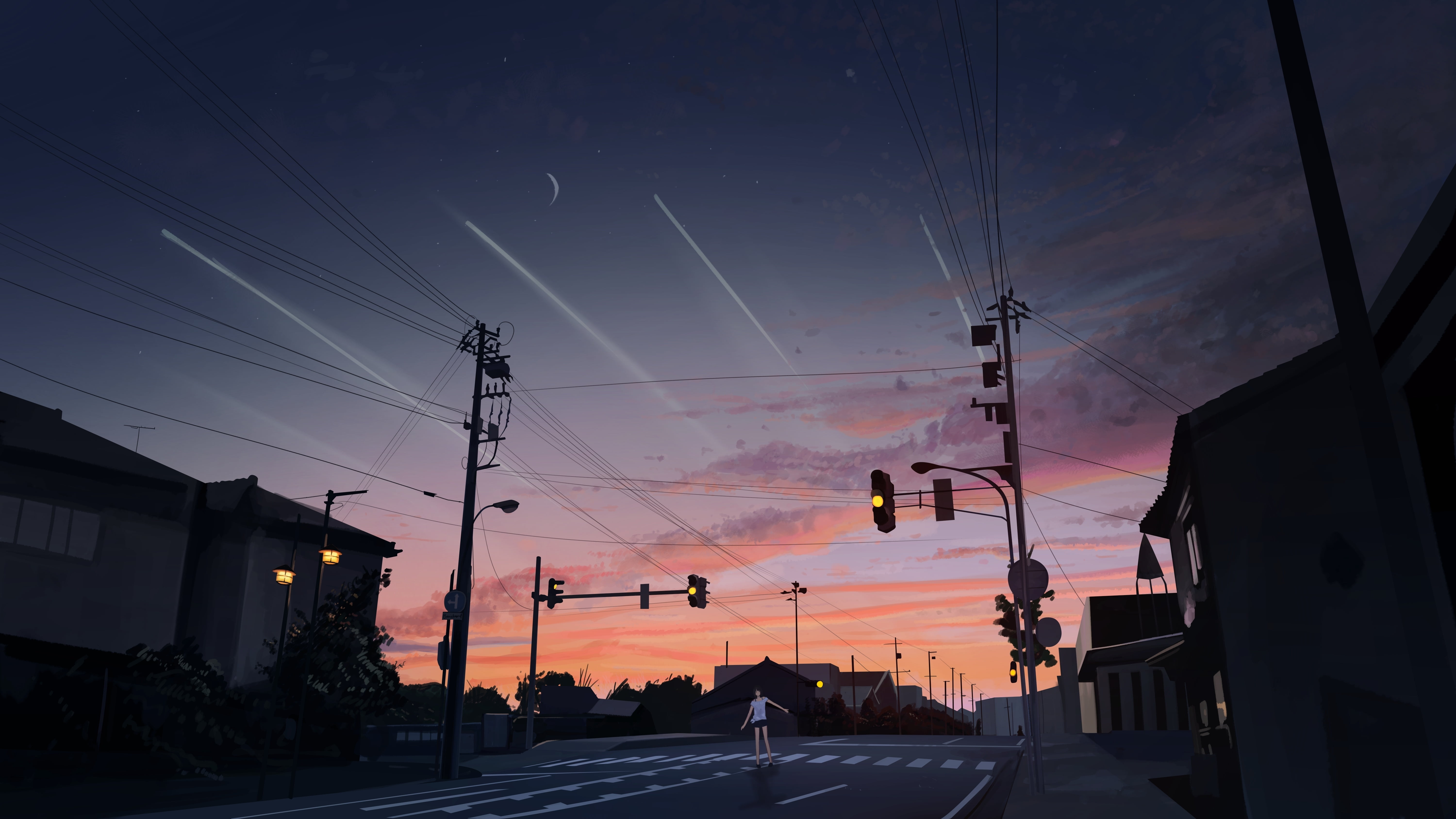 Artwork Digital Art Anime Night Street City House Traffic Lights 6000x3376