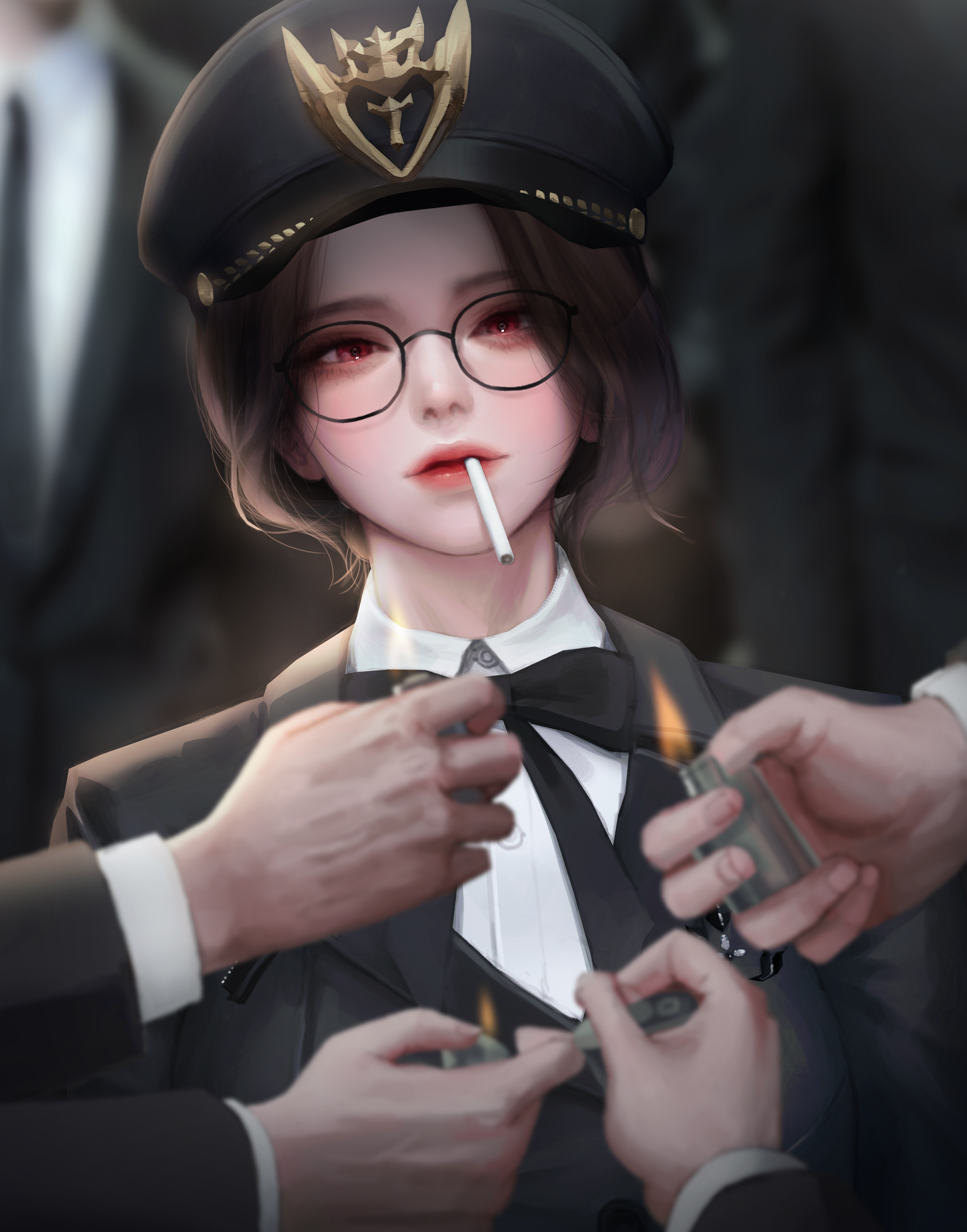 Fantasy Girl Painting Yong Jun Park Glasses Cigarettes Smoking Lighter Hat Red Eyes 1913x2436