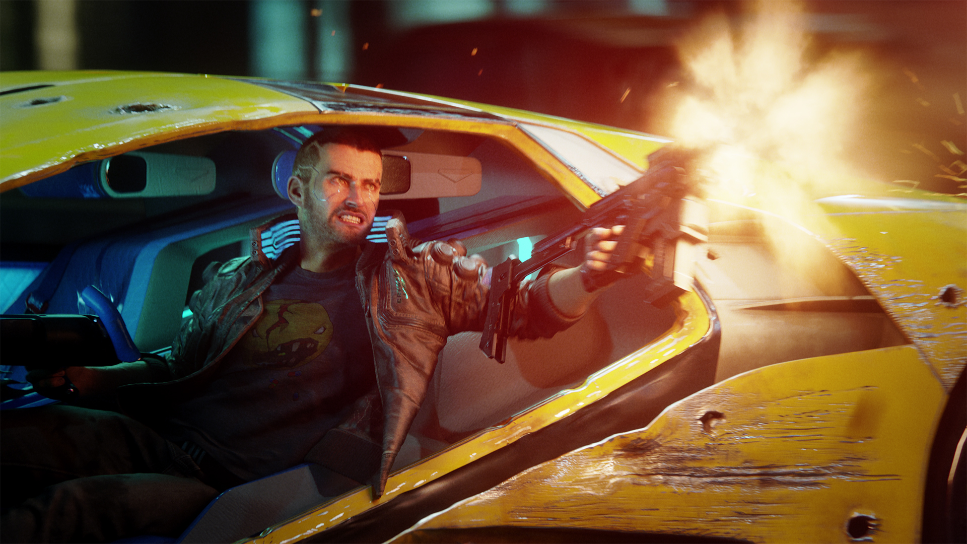 Fighting In Car Cyberpunk Video Games Gun Video Game Art Beard Car Shooting CGi 1920x1080
