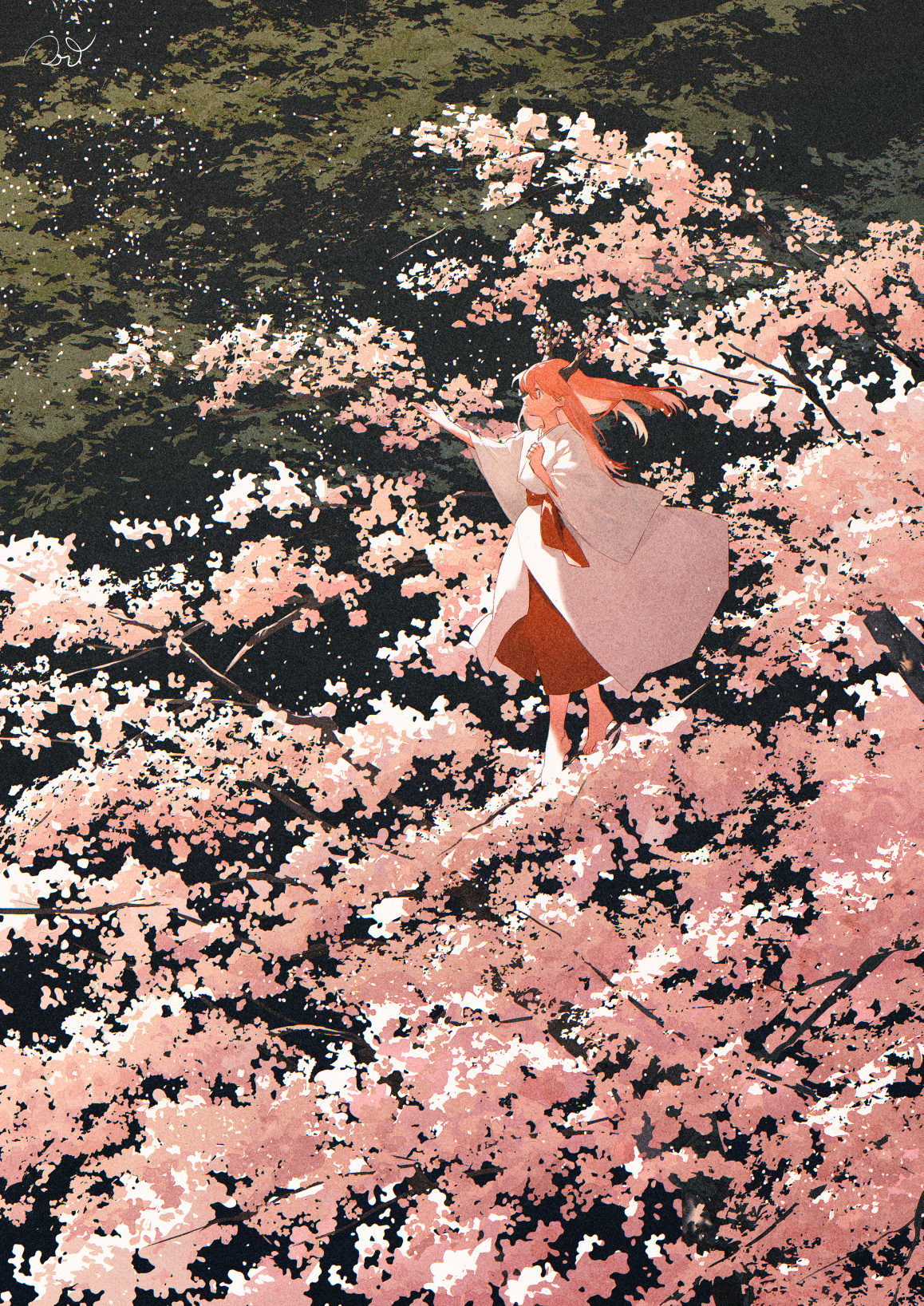 Potg Pixiv Portrait Display Anime Girls Walking Trees Arms Reaching Long Hair Horns Digital Art Kimo 1158x1637