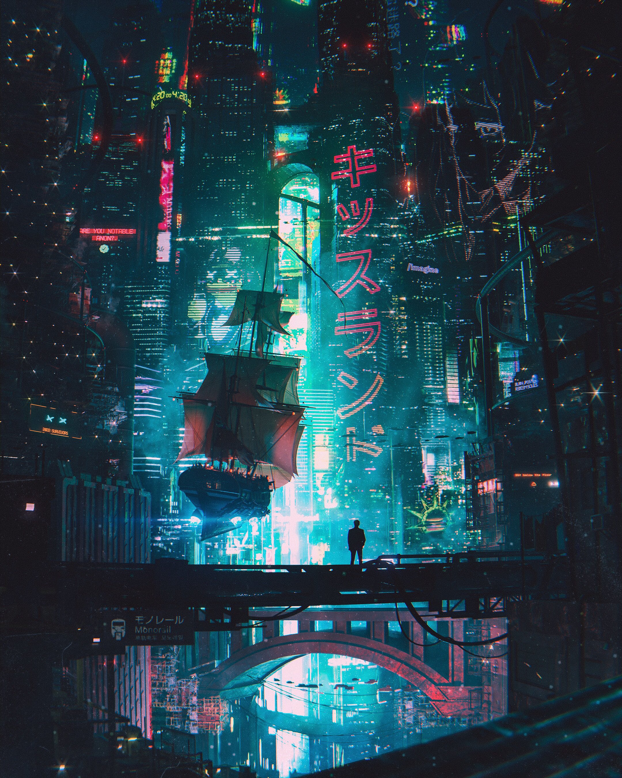 City Cyberpunk Science Fiction Neon Artwork Night City Lights Digital Art Building Japanese Ship Bri 2160x2700