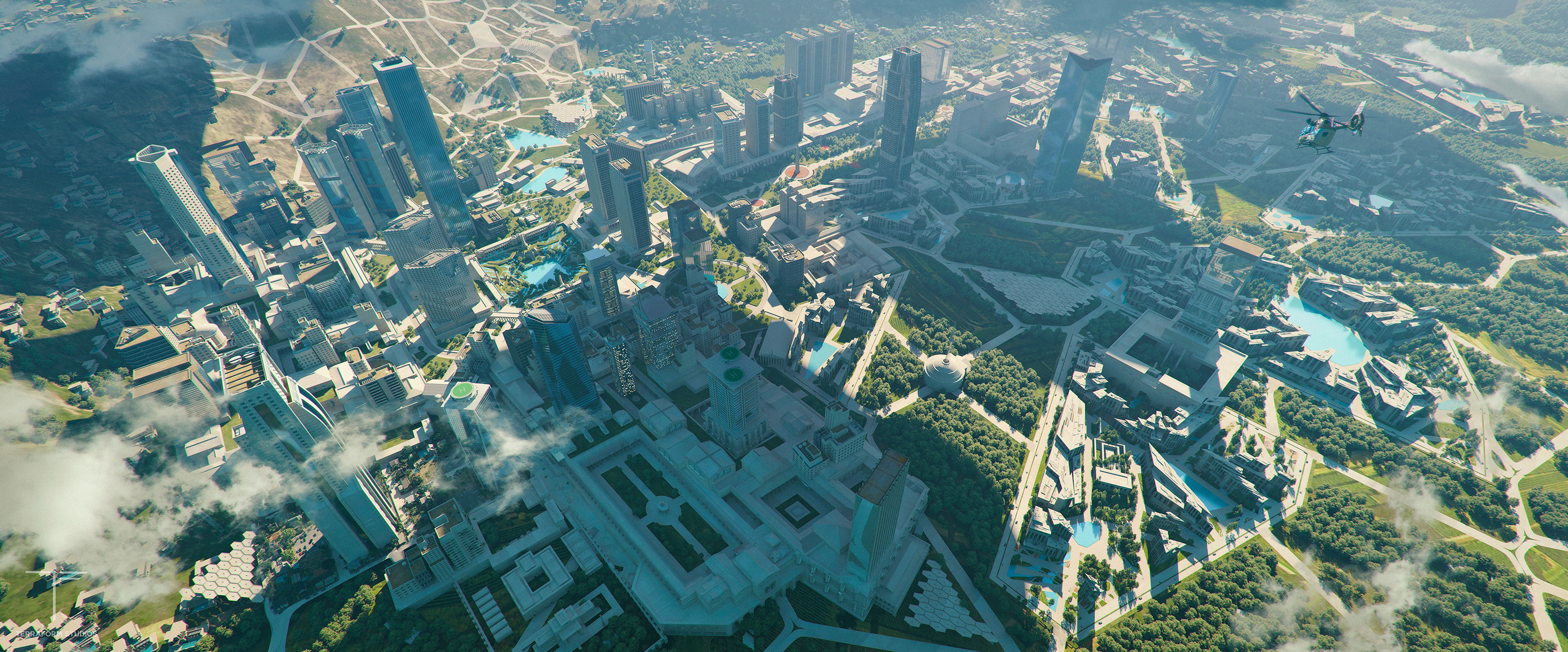 Artwork Digital Art Aerial View Cityscape 3200x1330