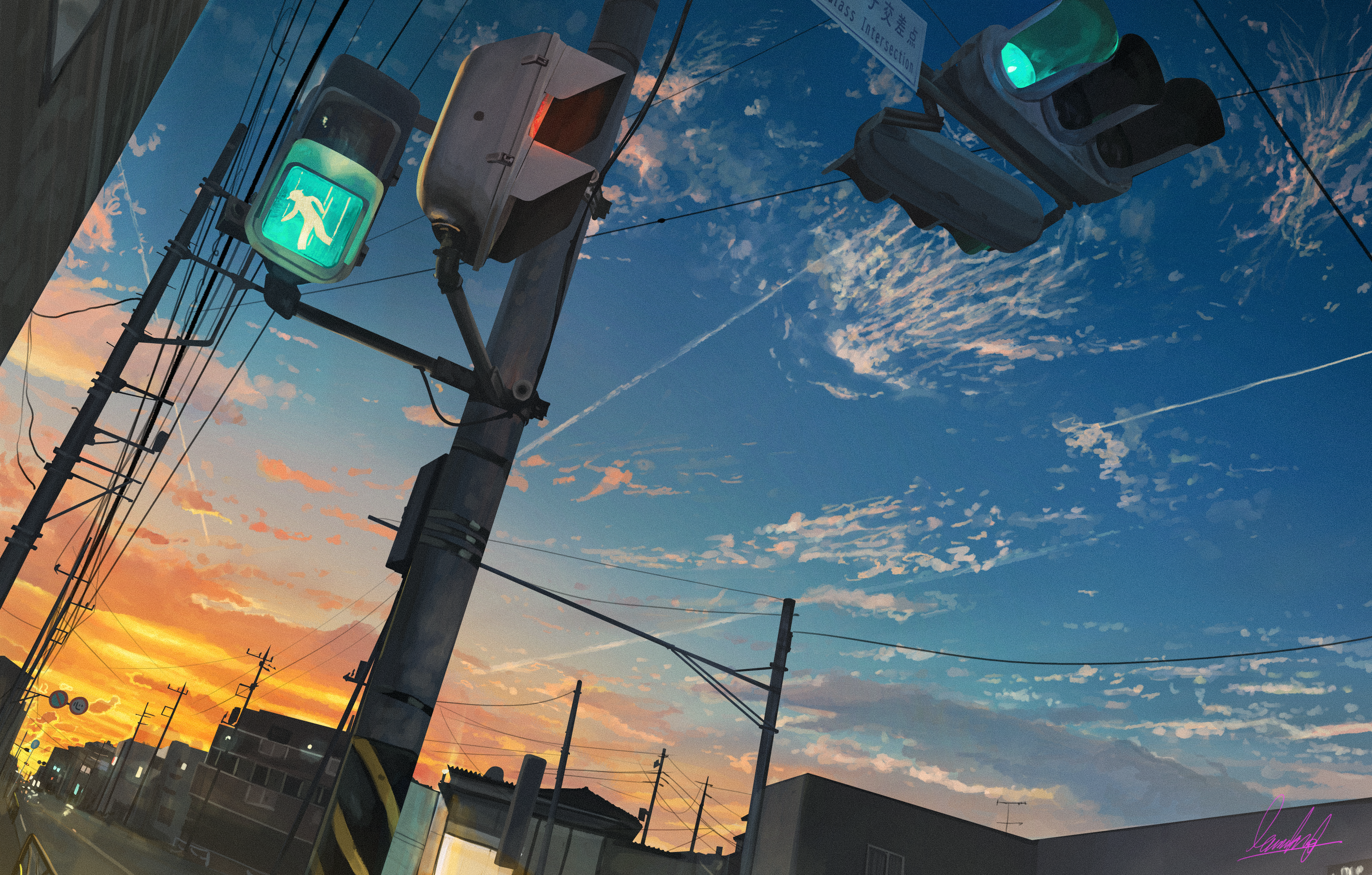 Sky Traffic Lights Anime Clouds 3385x2160