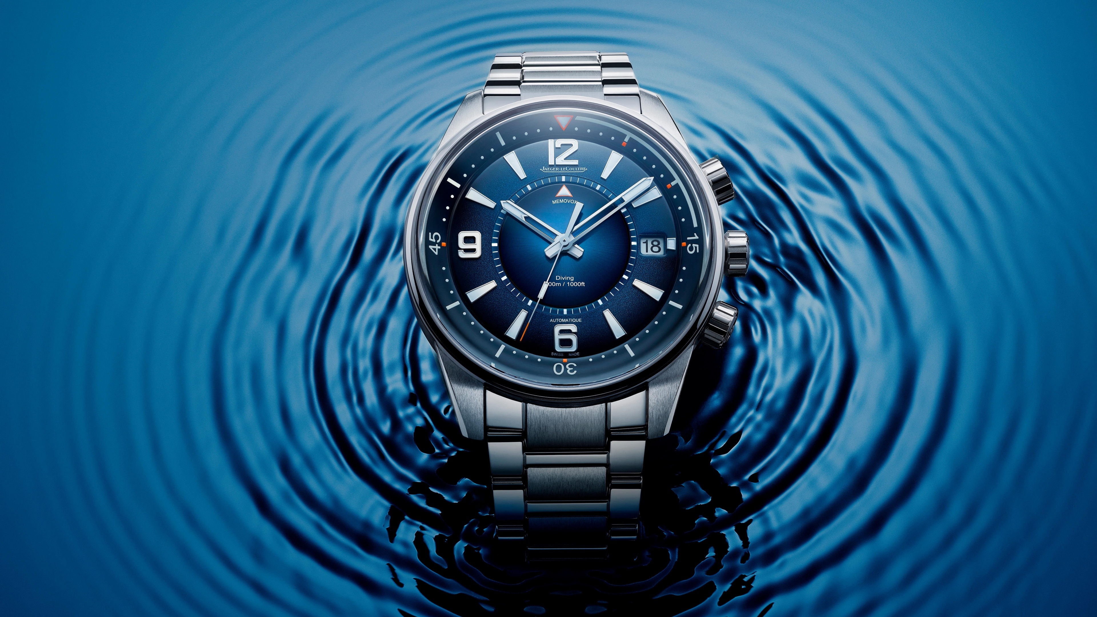 Jaeger LeCoultre Watch Technology Numbers Luxury Watches Wristwatch Water Ripples Blue Background 3840x2160