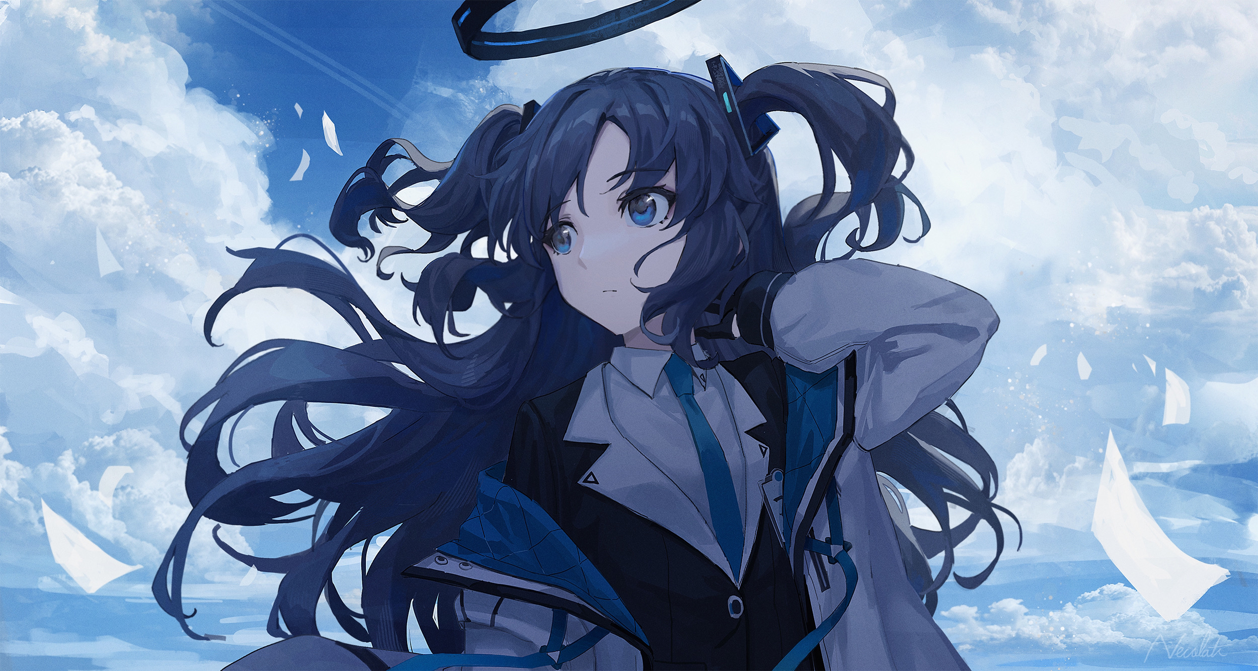 Anime Anime Girls Windy Looking Away Clouds Long Hair Sky Twintails Dark Blue Hair Blue Eyes Blue Ar 2500x1334