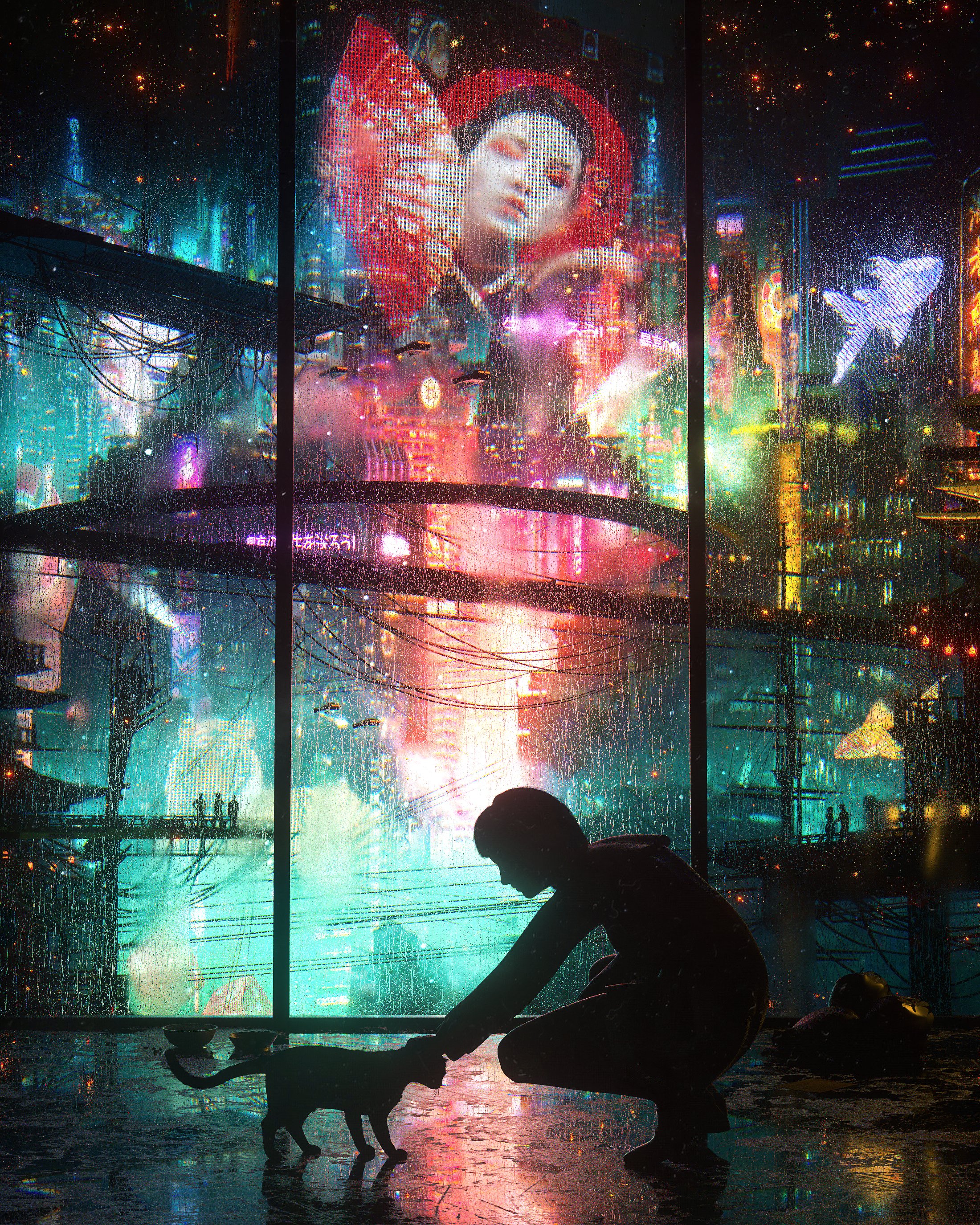 Digital Art Cyberpunk City Lights Science Fiction Neon Short Hair Looking Out Window City Portrait D 2200x2750