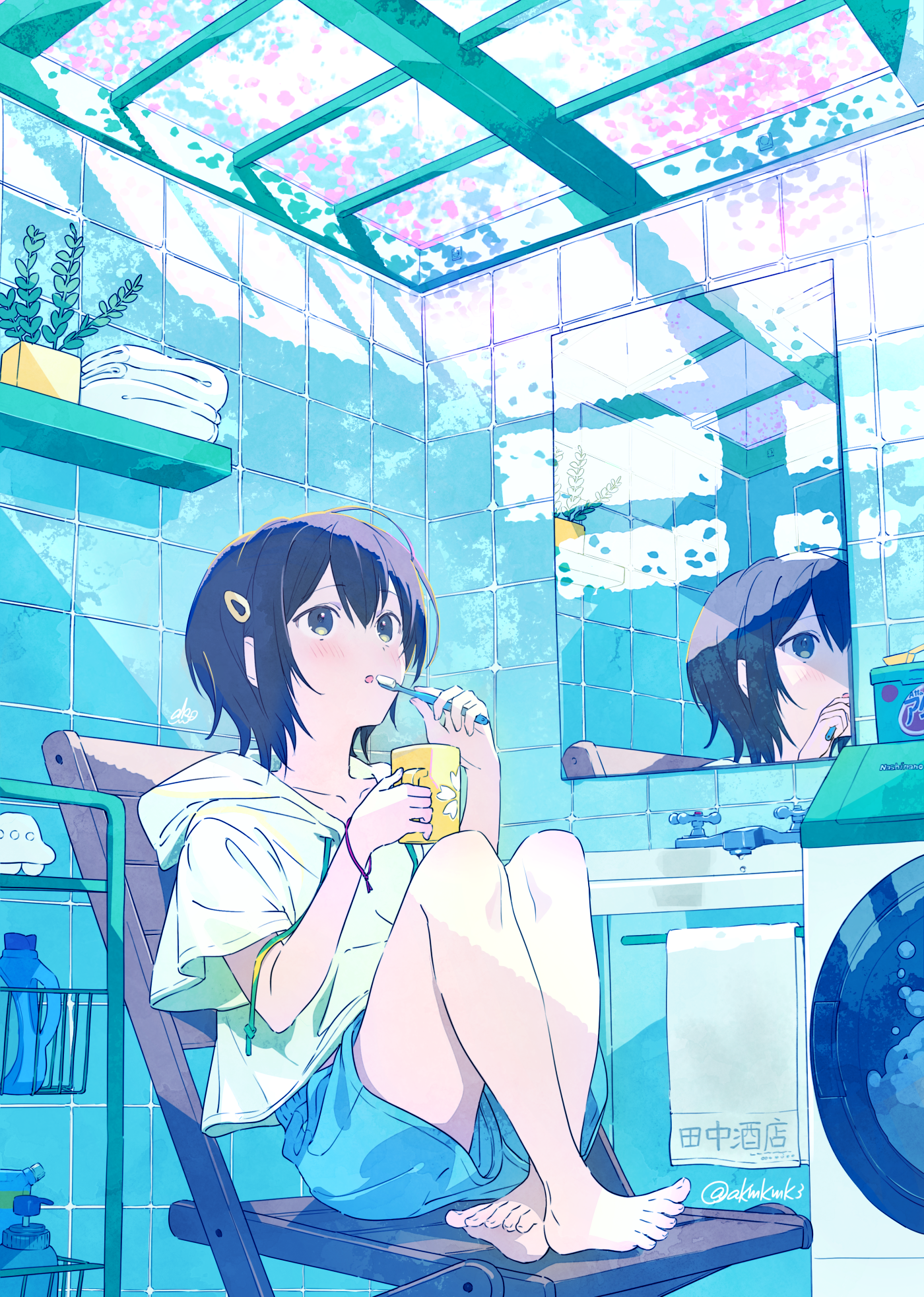 Original Characters Anime Girls Vertical Mirror Reflection Plants Bathroom 1400x1964