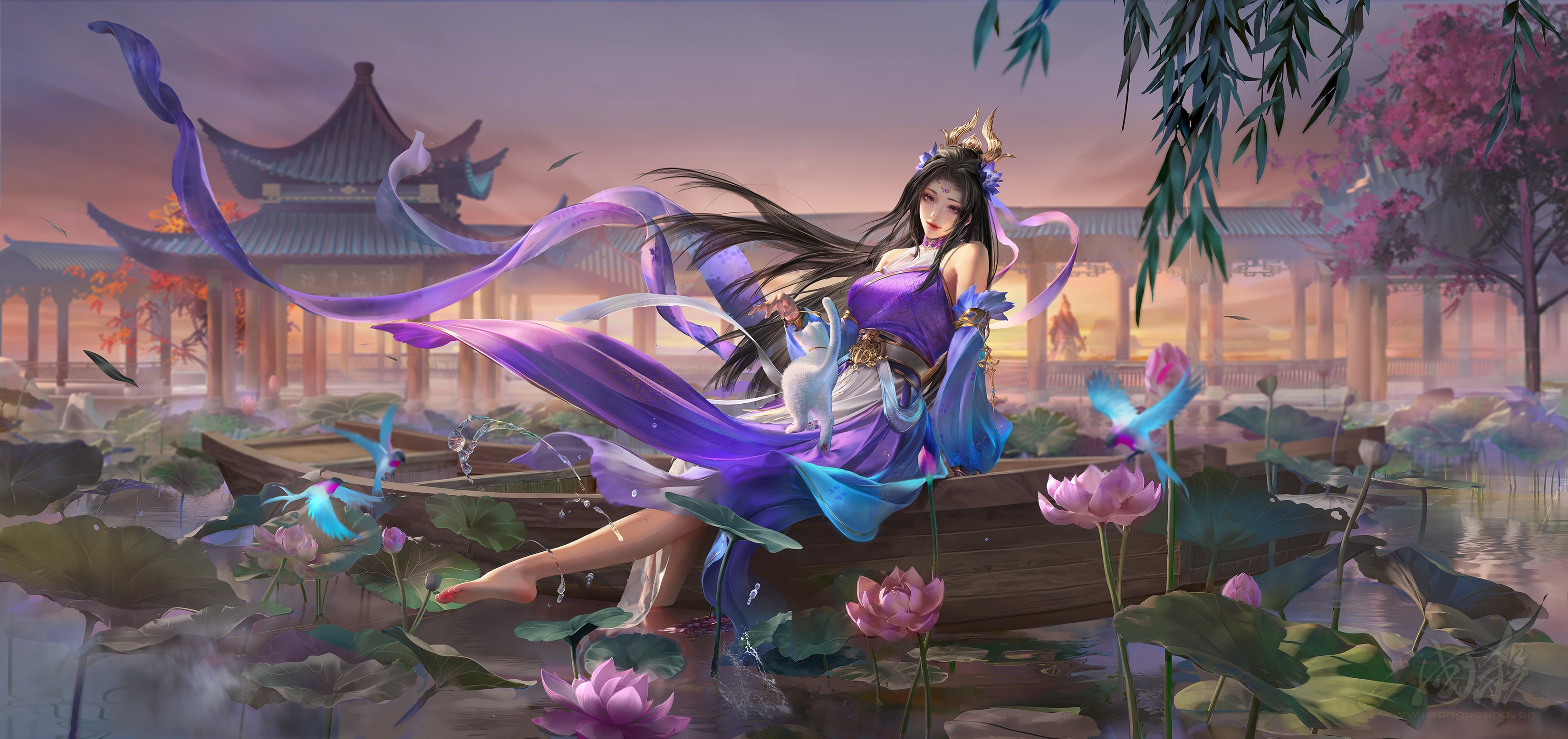 Three Kingdoms Sanguosha Flowers Asian Women Long Hair Video Games Video Game Characters Water Refle 3299x1556