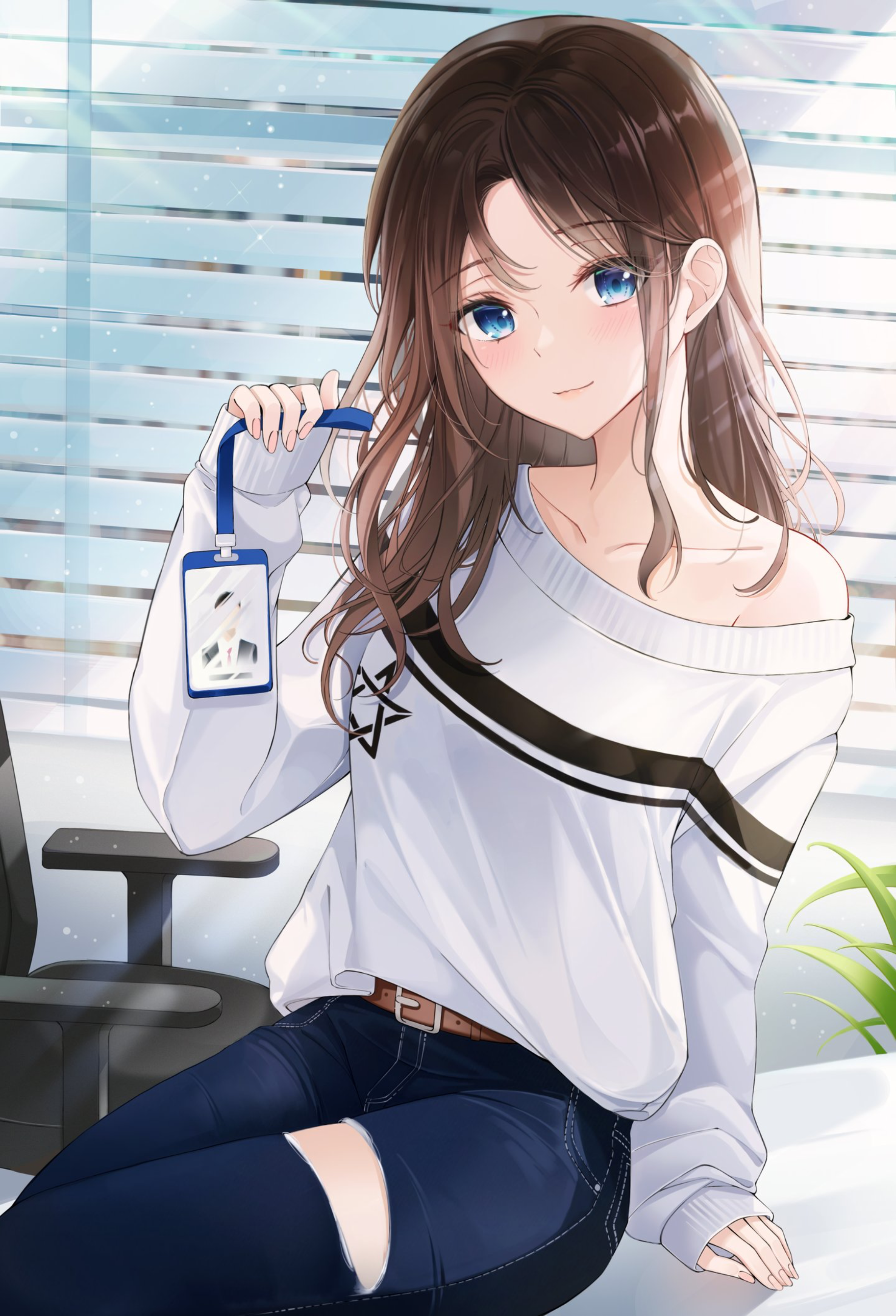 Anime Anime Girls Star Of David Torn Jeans Brunette Desk Looking At Viewer Vertical Blue Eyes Artwor 2372x3481