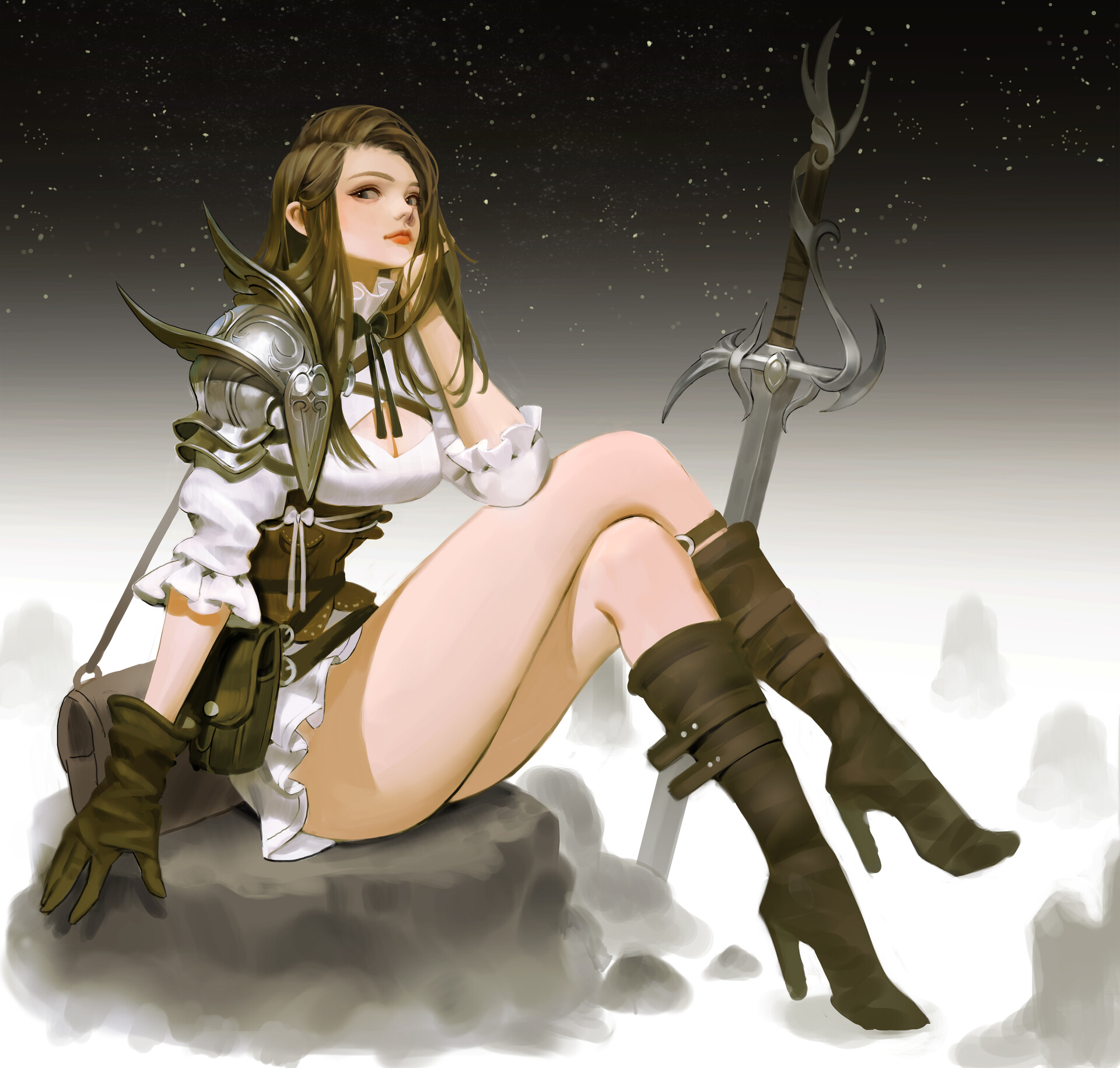 Women Artwork Fantasy Art Fantasy Girl Legs High Heeled Boots Sitting Brunette Long Hair Sword Weapo 1920x1832