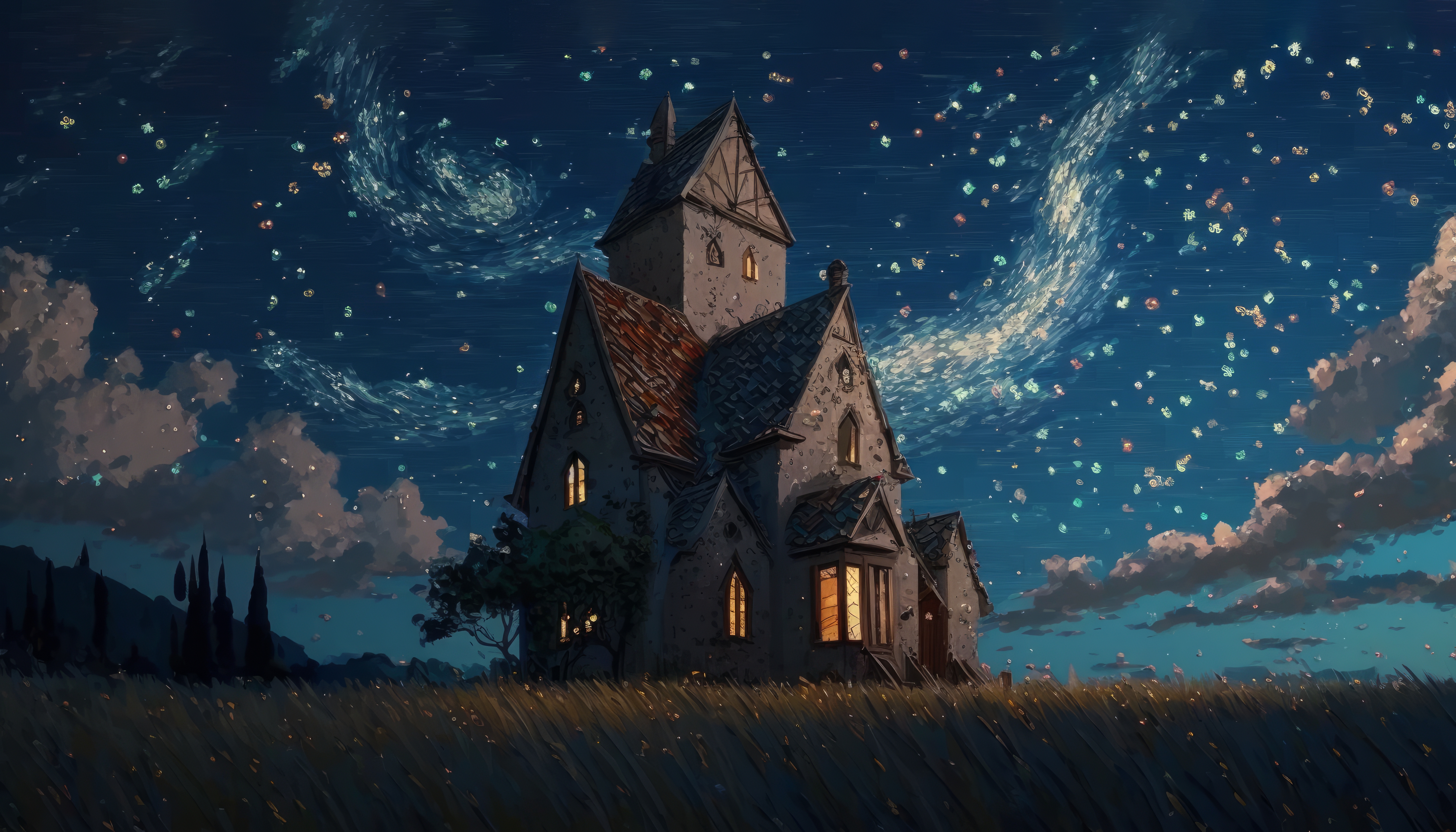 Ai Art House Stars Painting Sky Starry Night Grass 4579x2616