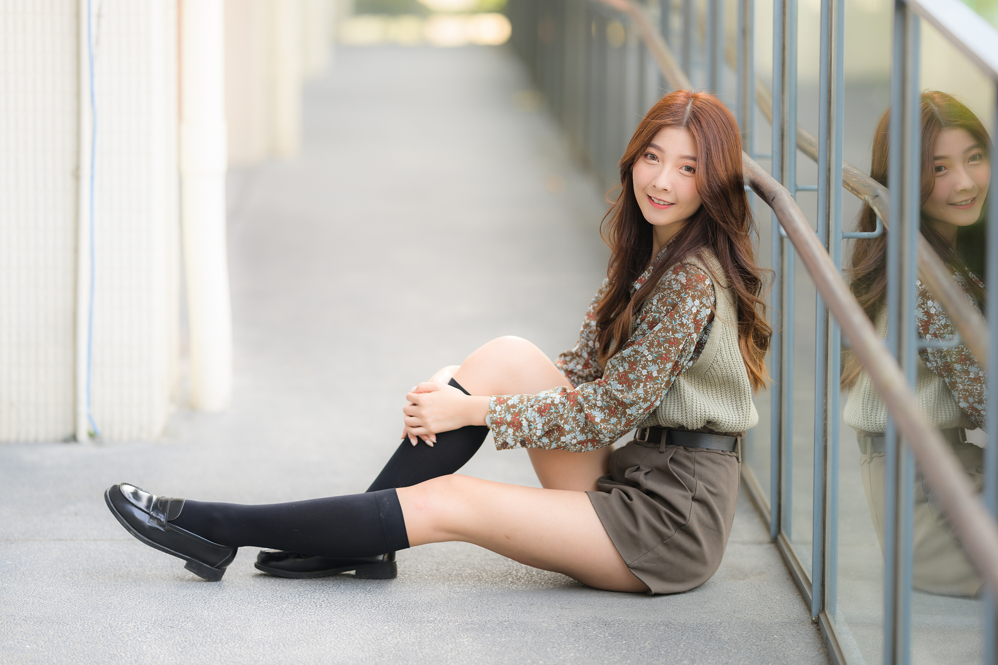 Asian Model Women Dark Hair Long Hair Sitting Knee High Socks Depth Of Field 3280x2187