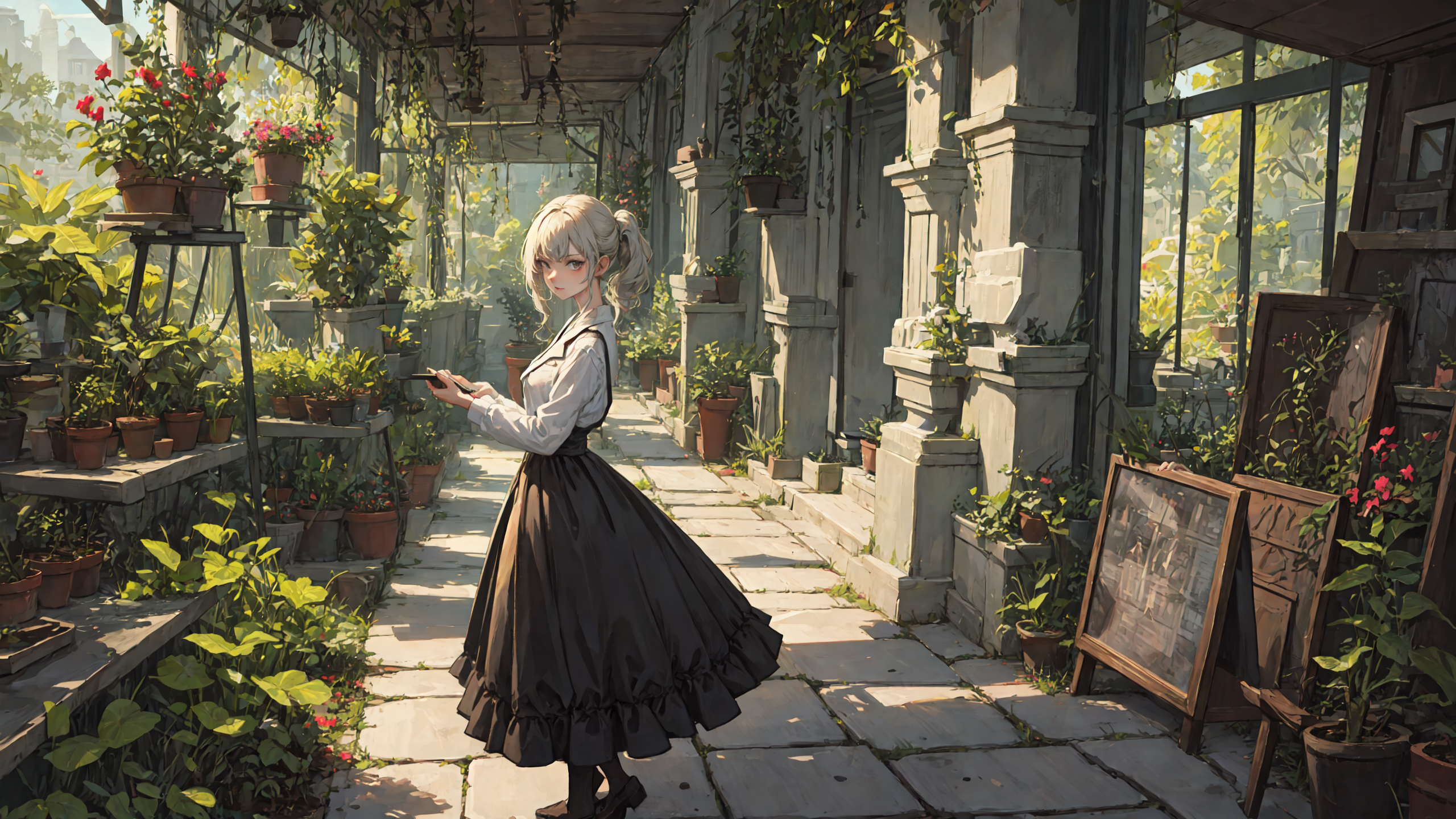 Women Anime Girls White Hair Black Dress Plant Pot Plants Flowers Dress Looking At Viewer Ponytail 2560x1440