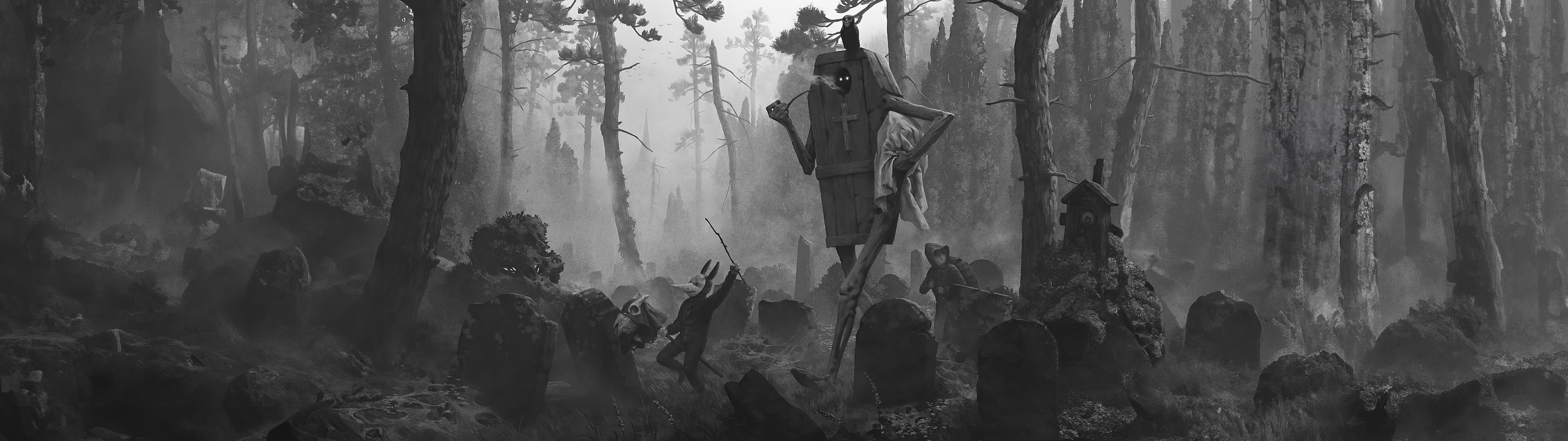 Konstantin Kostadinov Artwork Halloween Forest Trees Coffins Digital Art Ultrawide Monochrome 7113x2000
