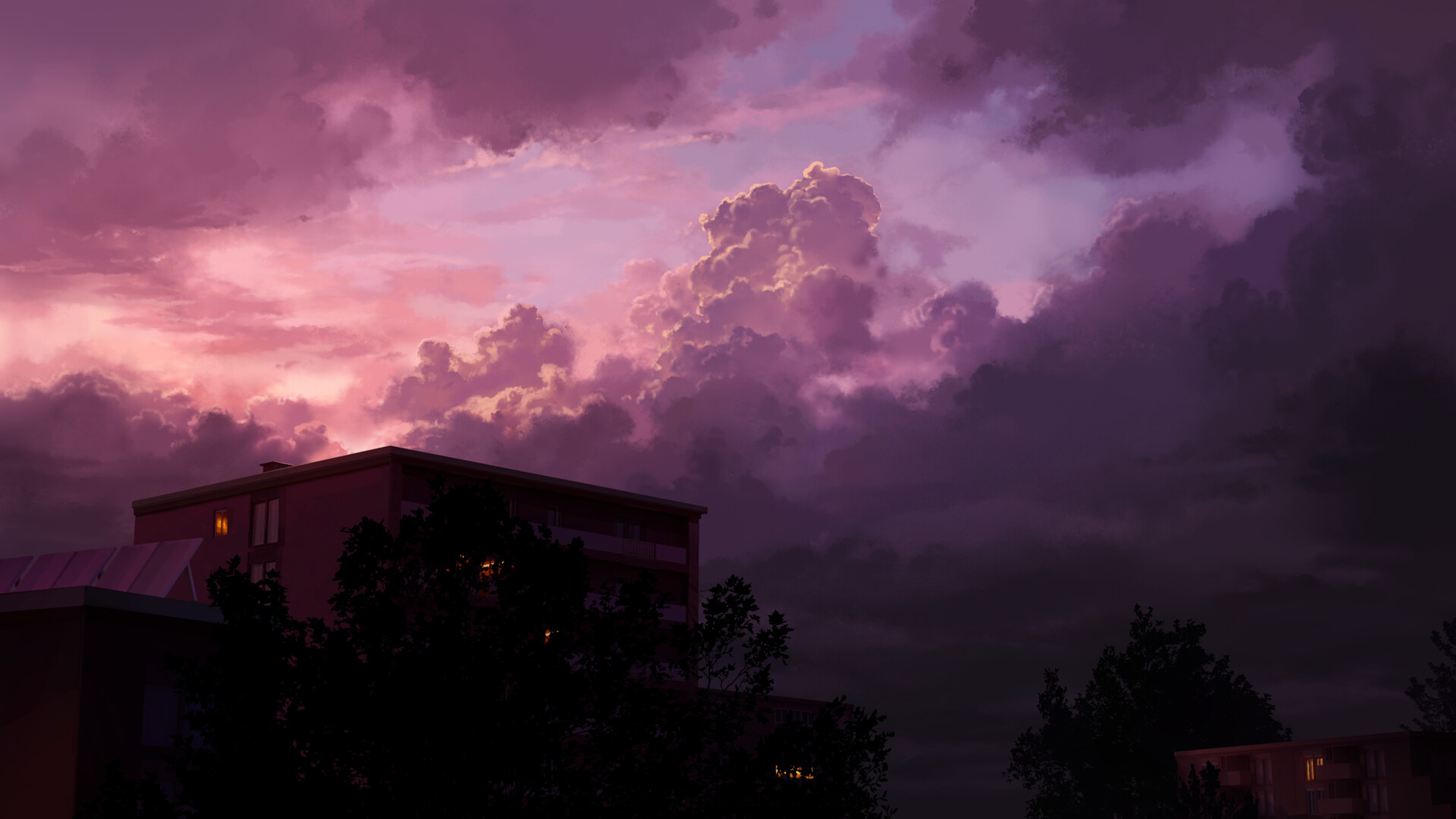 Digital Art Illustration Clouds After Storm Evening Silhouette Trees Building Sky 3840x2160