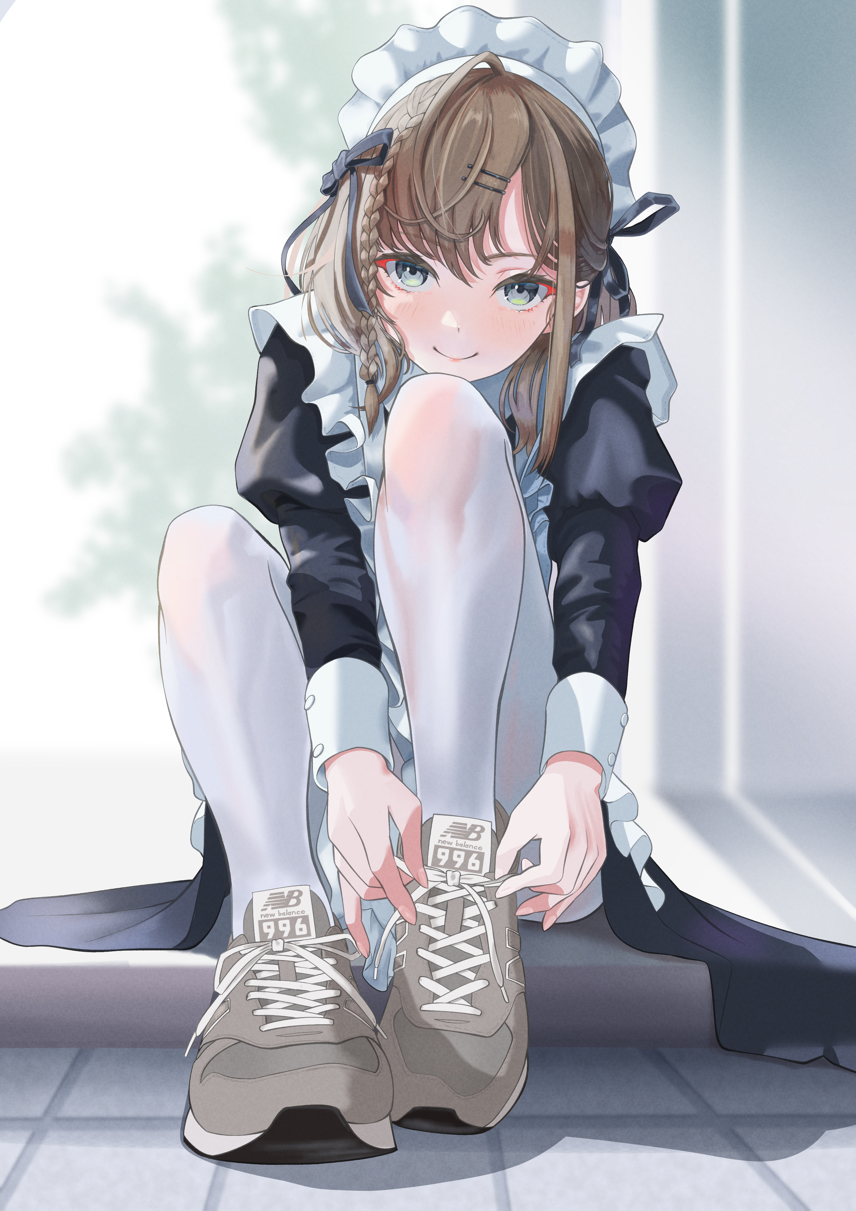 White Socks Maid Maid Outfit Anime Girls Shoes Braids Green Eyes 2894x4093