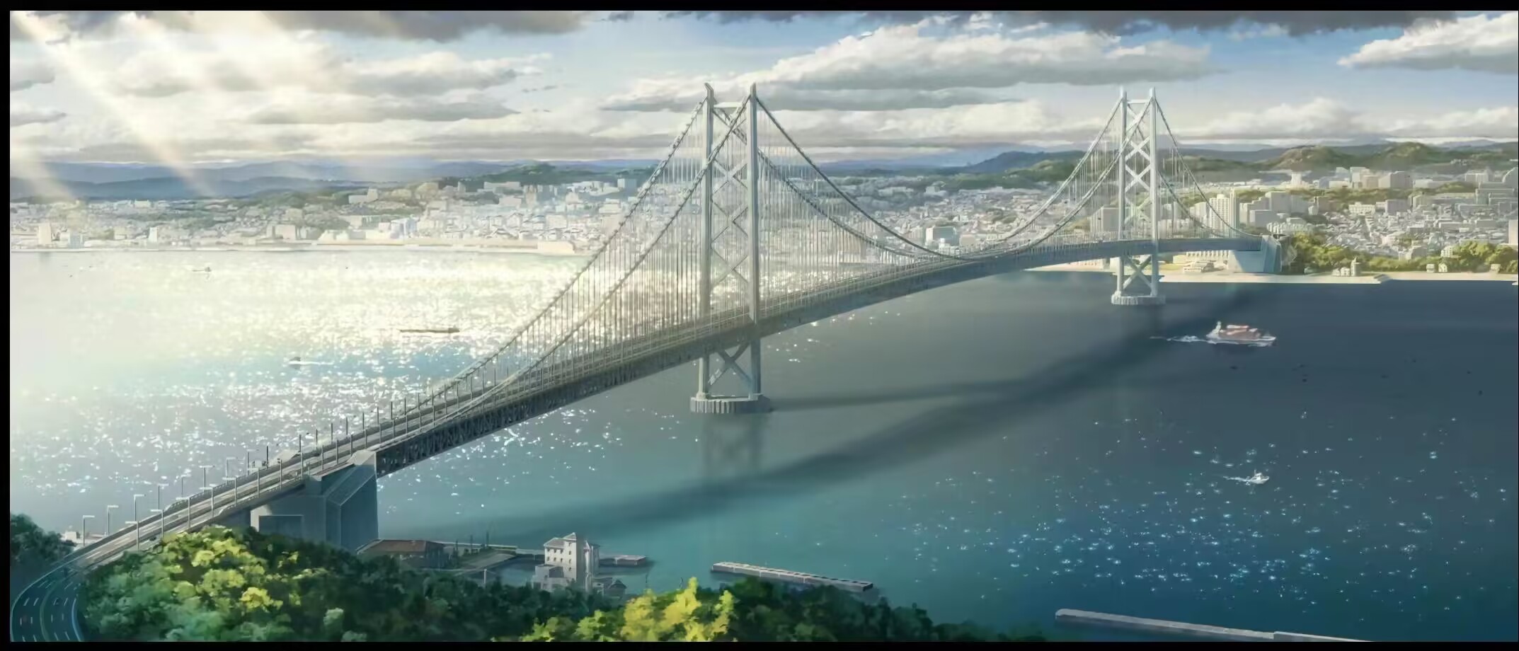 Suzume Tokyo Babylon Anime Anime Screenshot Sunlight Sky Clouds Sea Water Bridge City Cityscape 2146x920