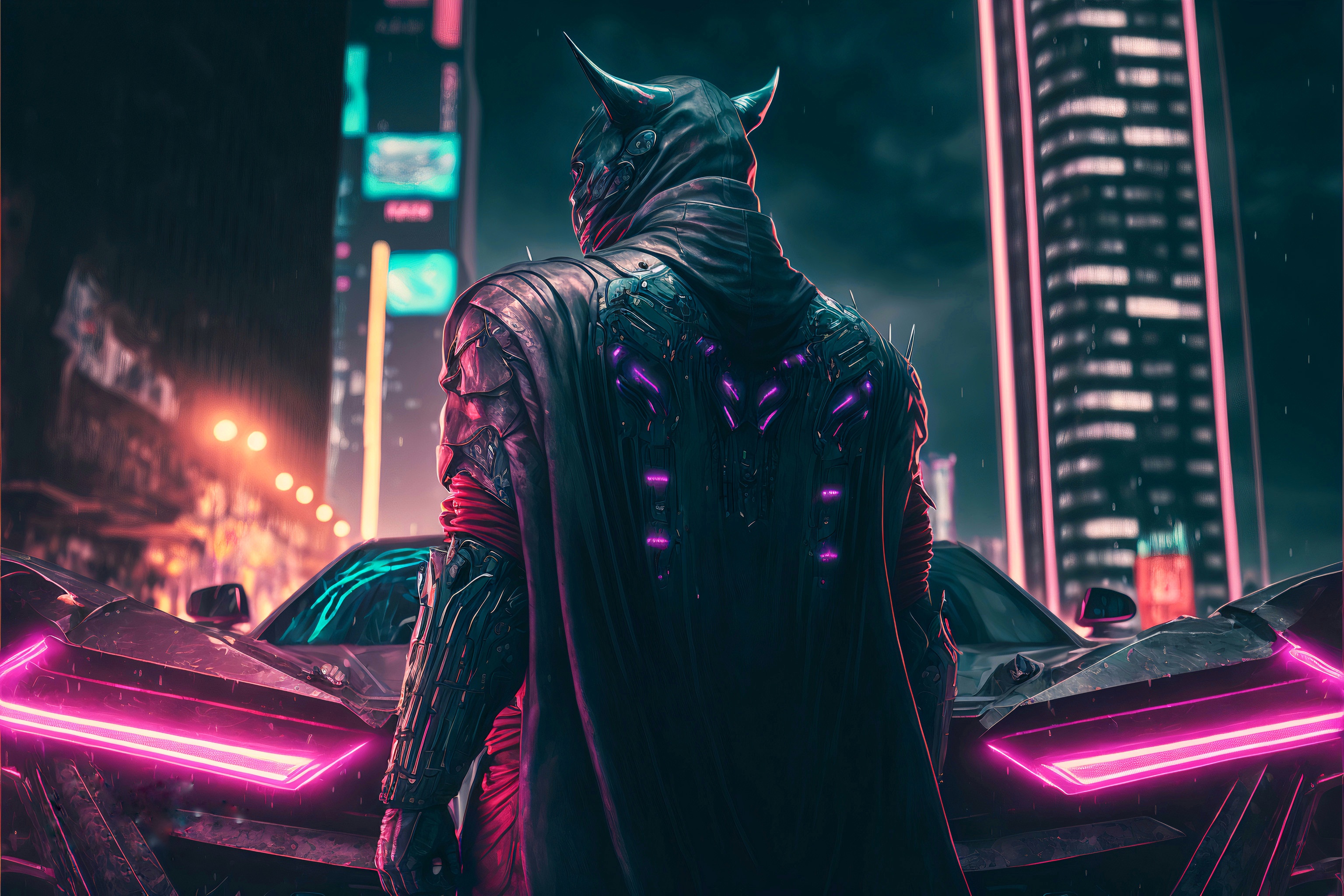 Ai Art Digital Art Artwork Batman Lamborghini Neon Lighting Neon Glowing City Lights Cyberpunk Super 3072x2048